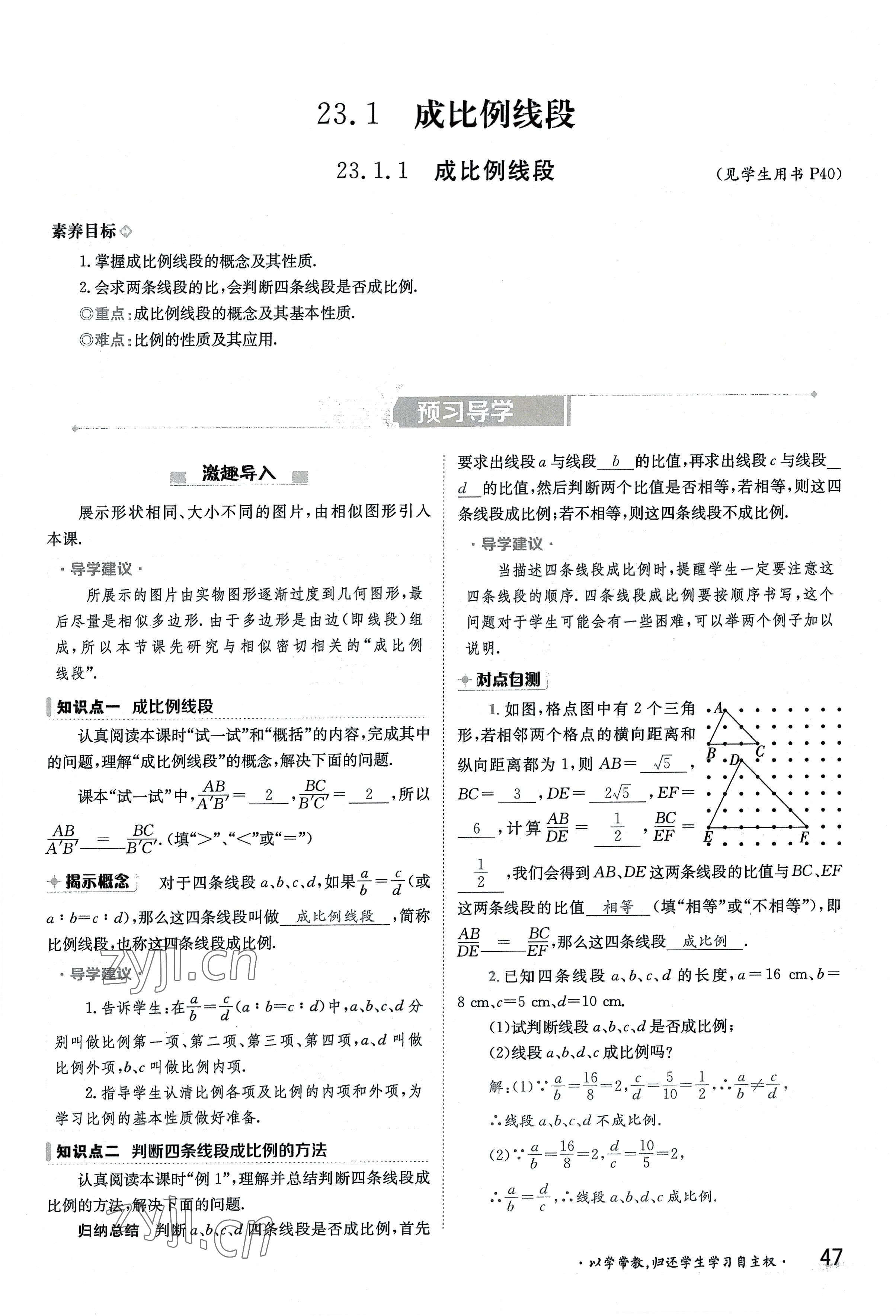 2022年金太陽導(dǎo)學(xué)案九年級數(shù)學(xué)全一冊華師大版 參考答案第47頁