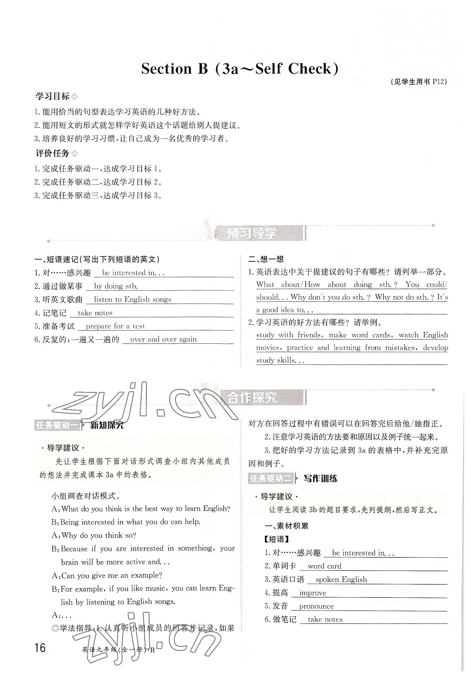 2022年金太阳导学案九年级英语全一册人教版 参考答案第16页