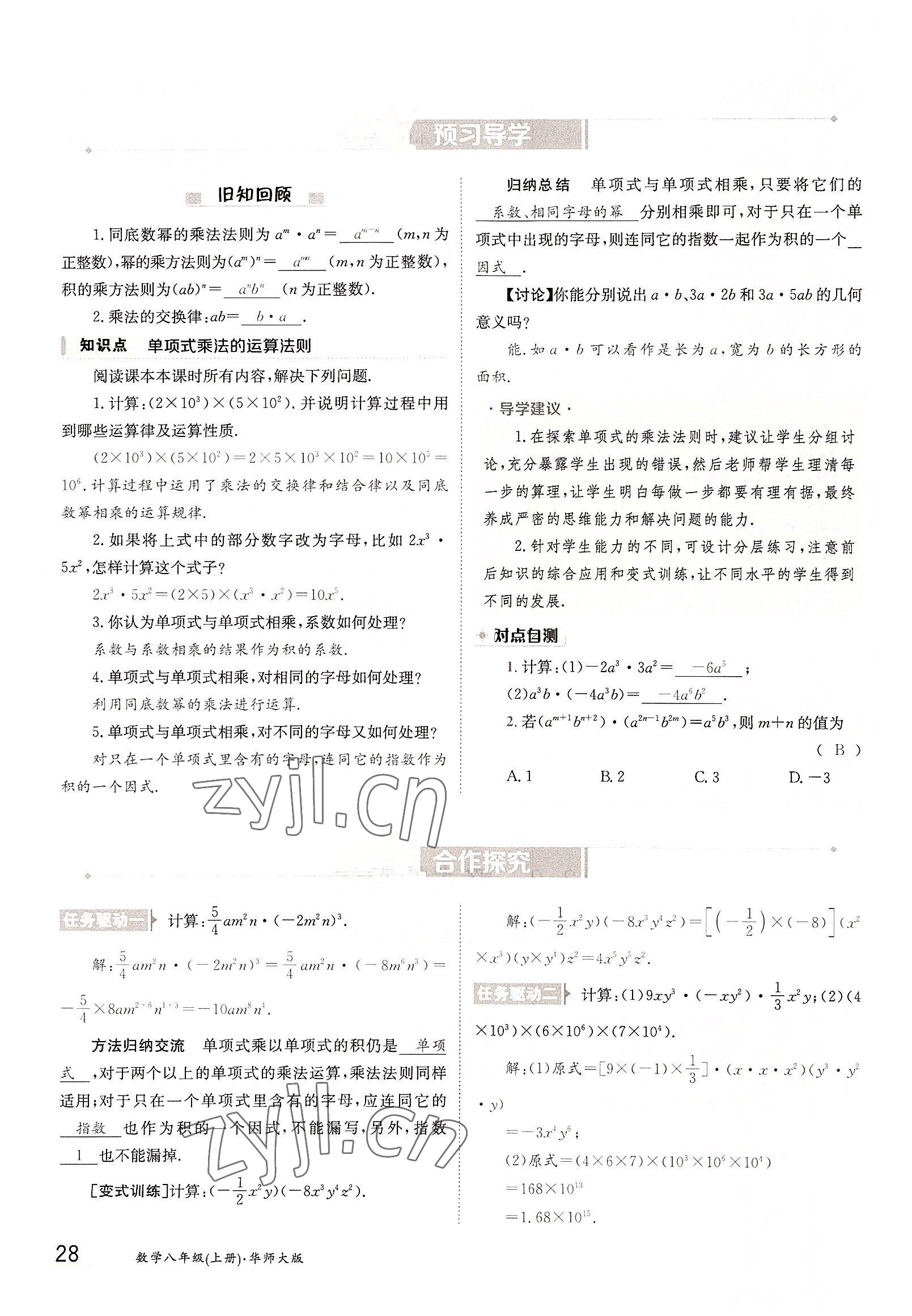 2022年金太陽導(dǎo)學(xué)案八年級數(shù)學(xué)上冊華師大版 參考答案第28頁