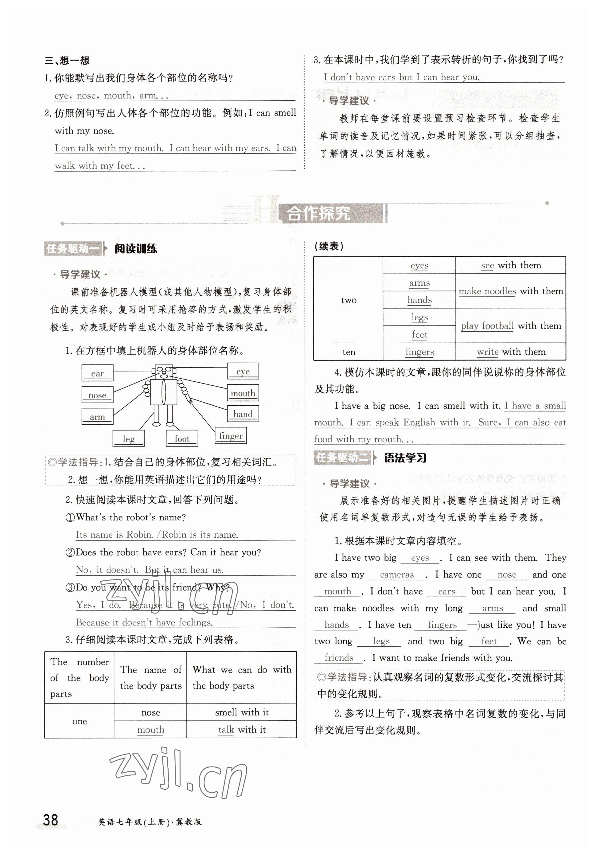 2022年三段六步導(dǎo)學(xué)案七年級英語上冊冀教版 參考答案第38頁