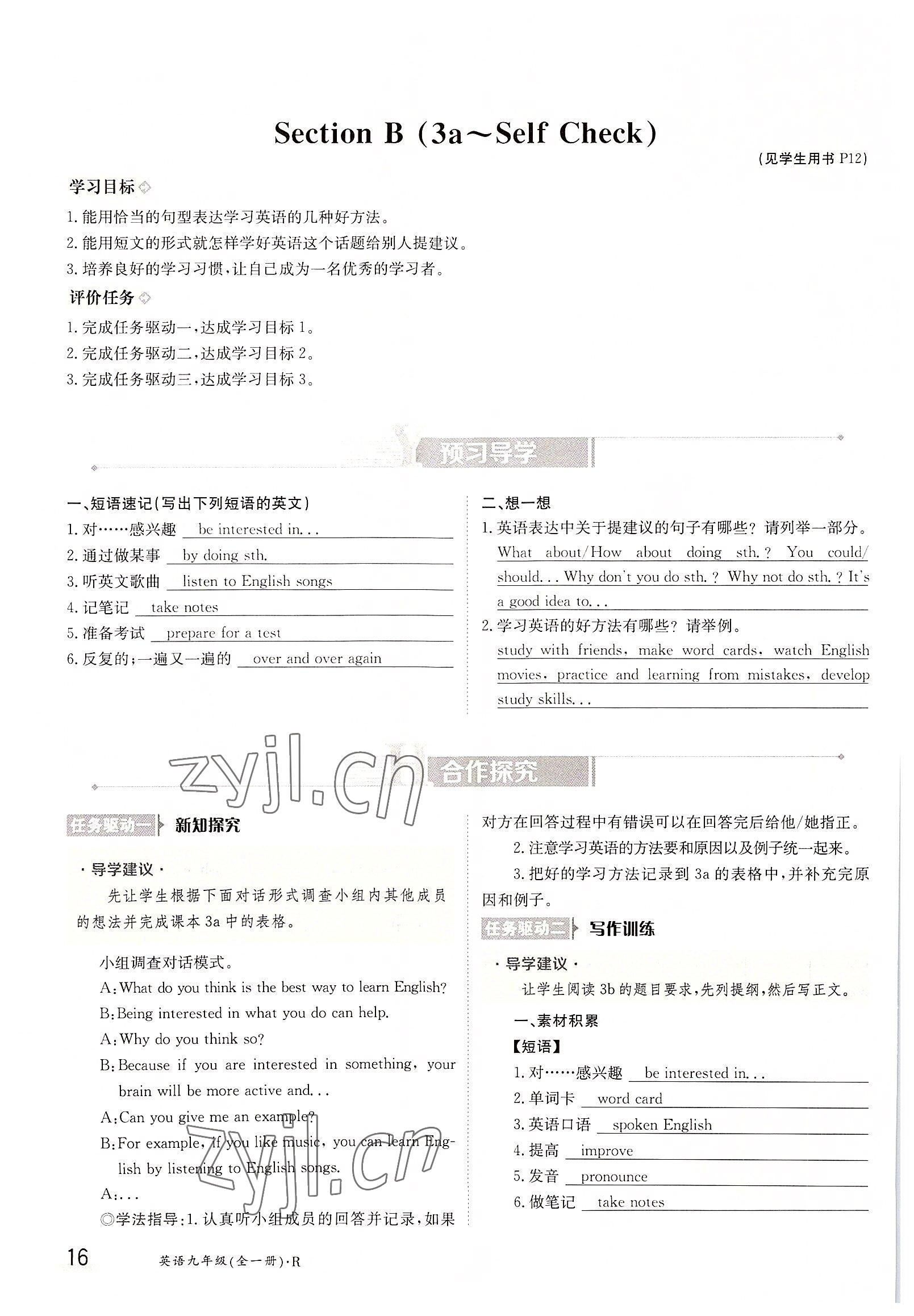 2022年三段六步導學案九年級英語全一冊人教版 參考答案第16頁