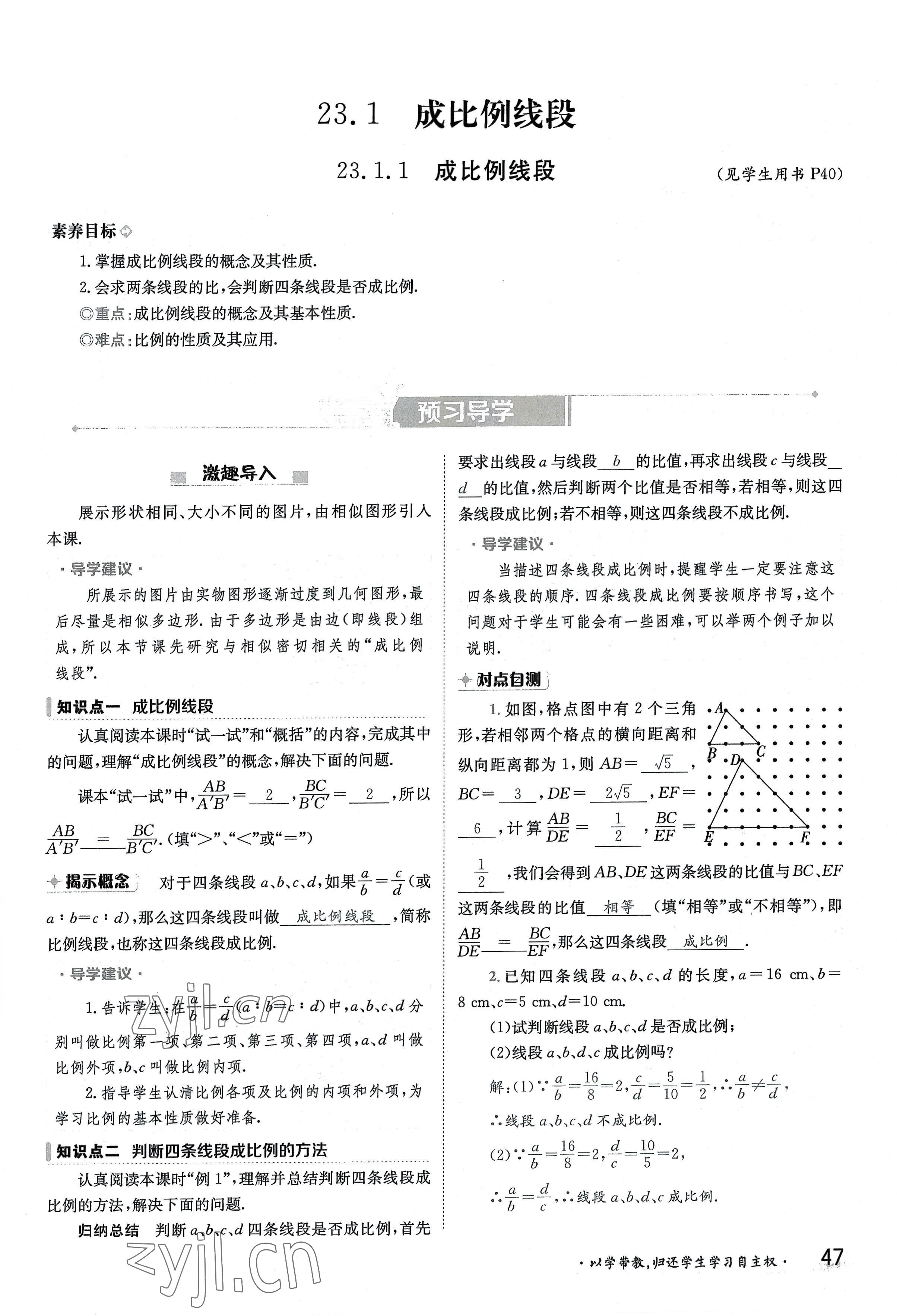 2022年三段六步導學案九年級數學全一冊華師大版 參考答案第47頁
