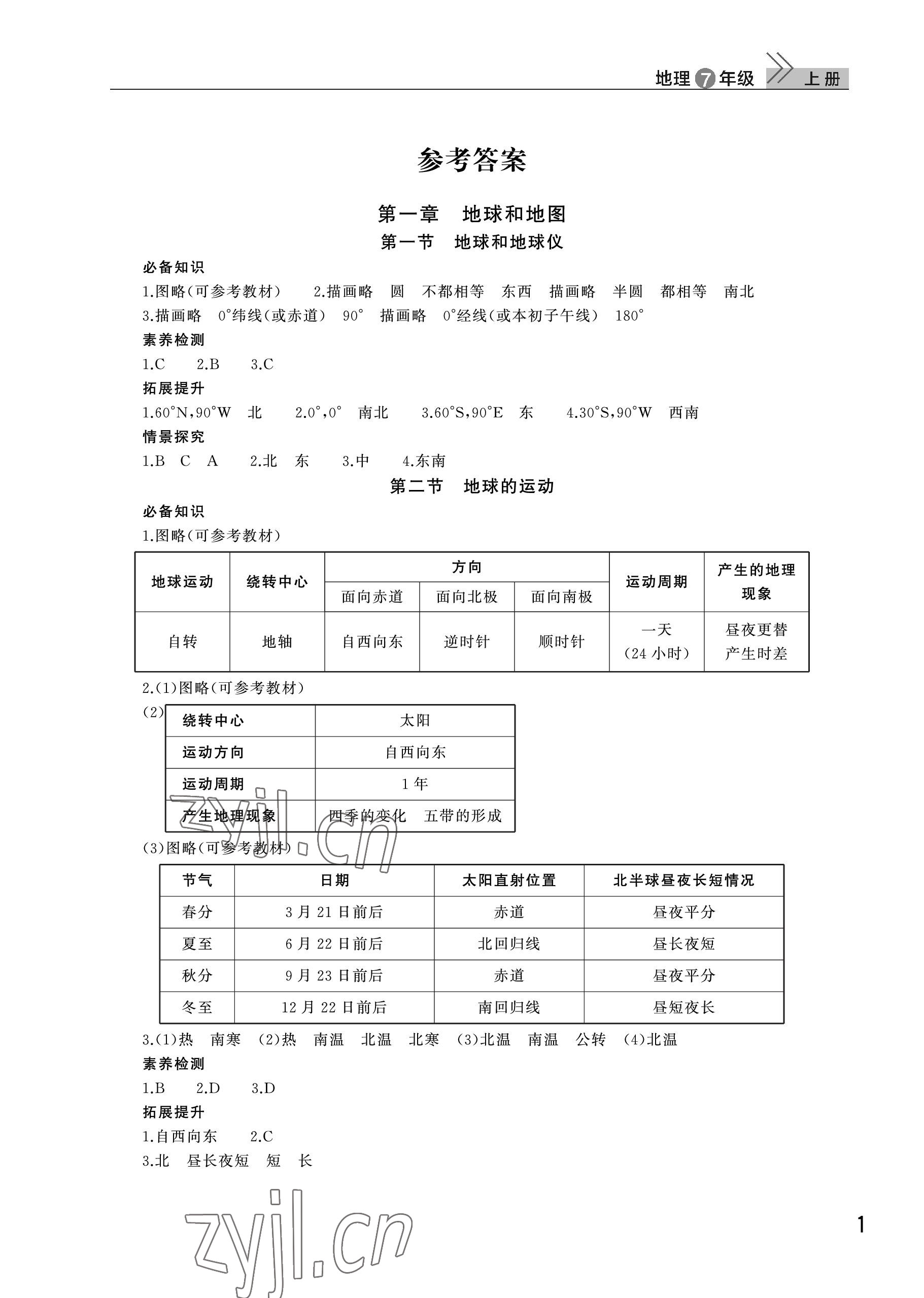 2022年课堂作业武汉出版社七年级地理上册人教版 参考答案第1页