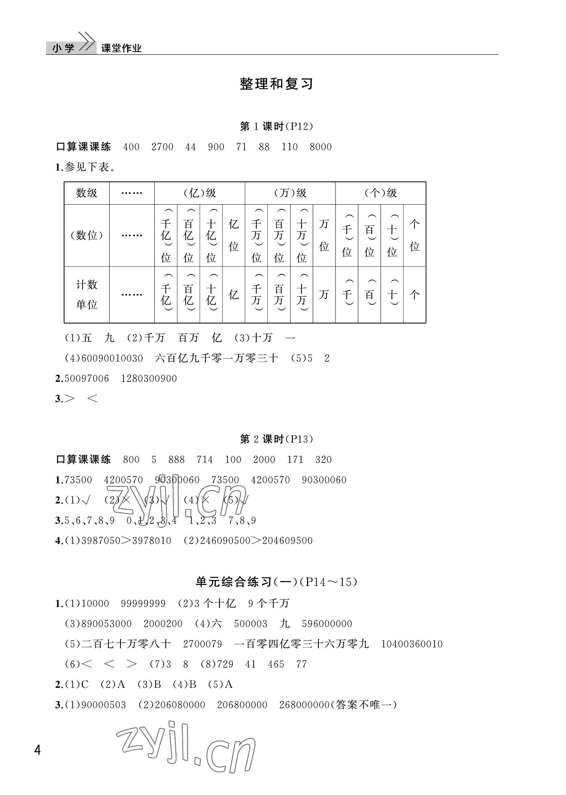 2022年课堂作业武汉出版社四年级数学上册人教版 参考答案第4页