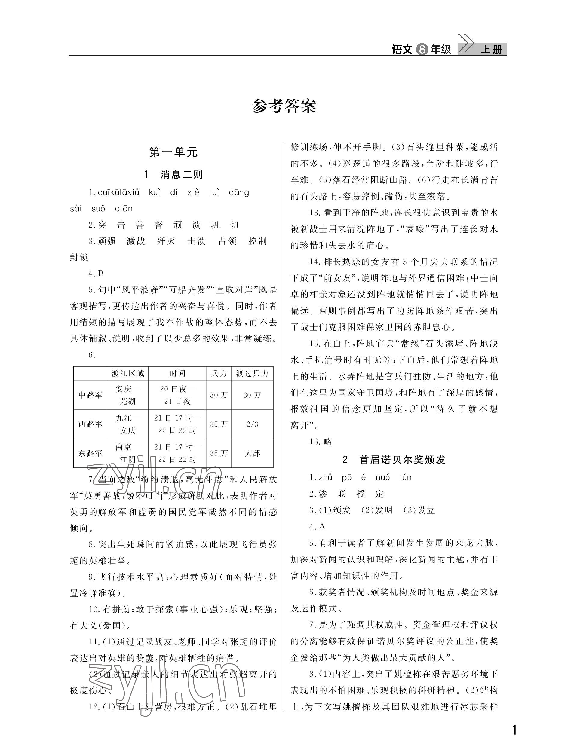 2022年課堂作業(yè)武漢出版社八年級語文上冊人教版 參考答案第1頁