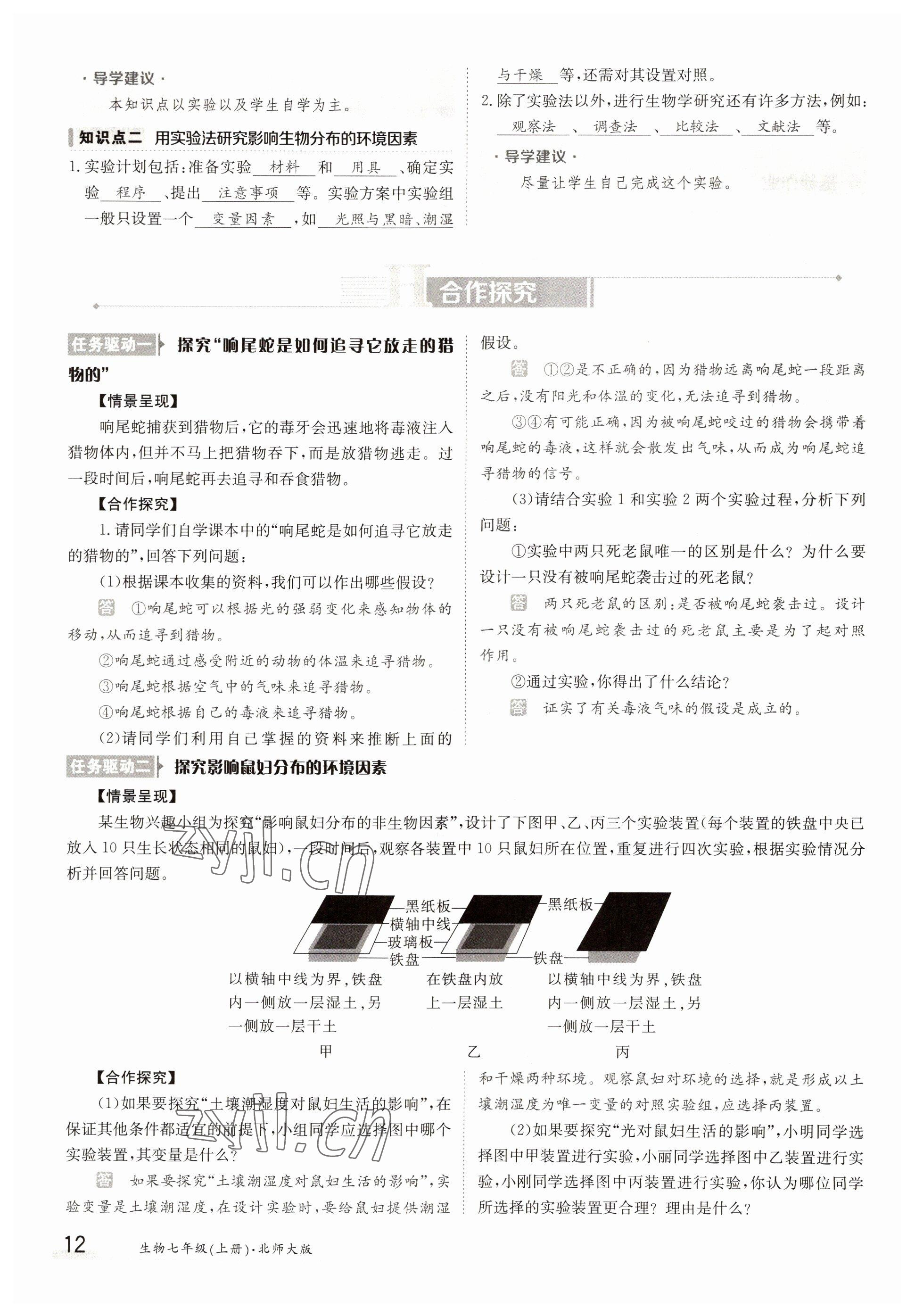 2022年金太陽分層作業本七年級生物上冊北師大版 參考答案第12頁