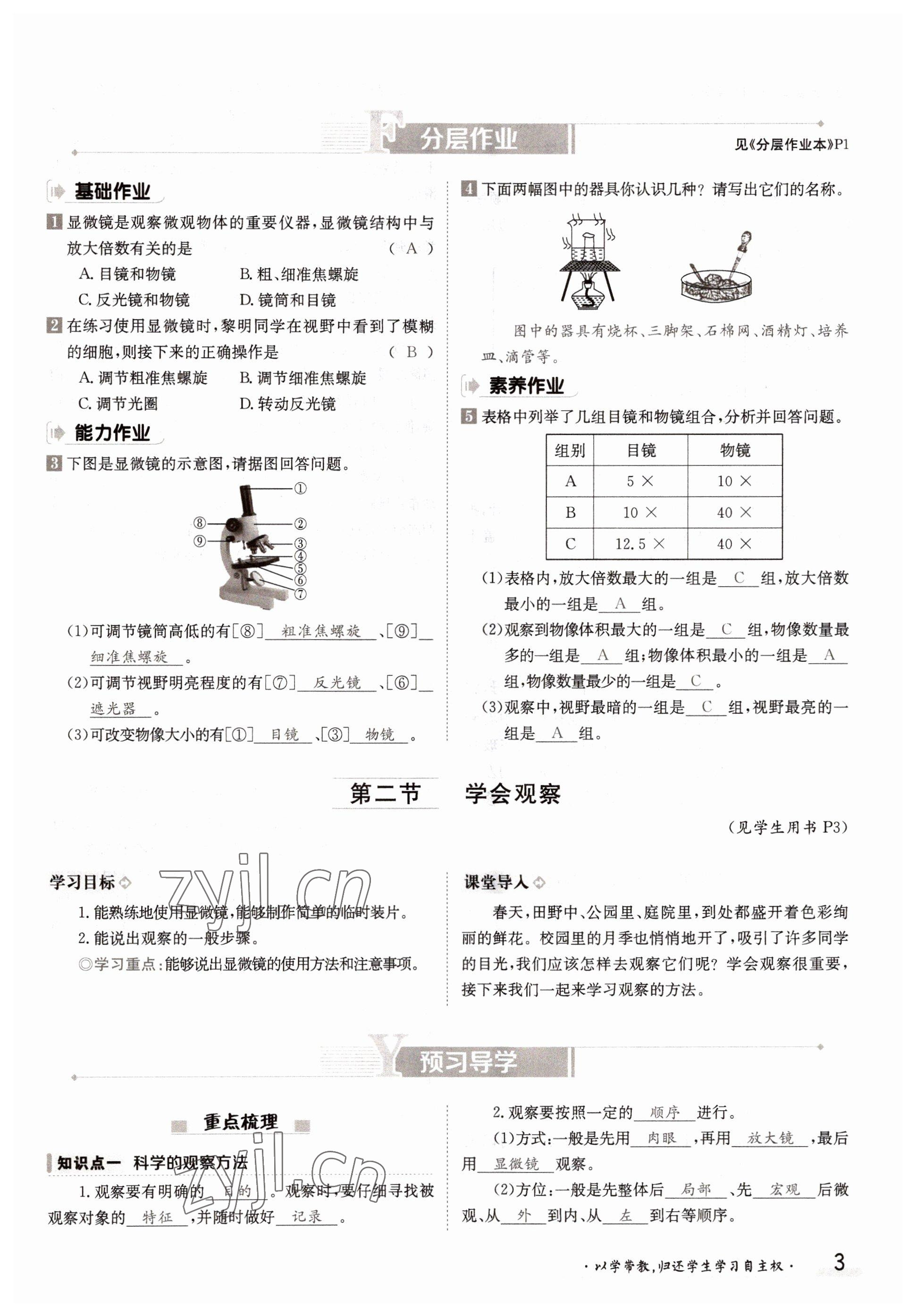 2022年金太陽分層作業本七年級生物上冊冀少版 參考答案第3頁