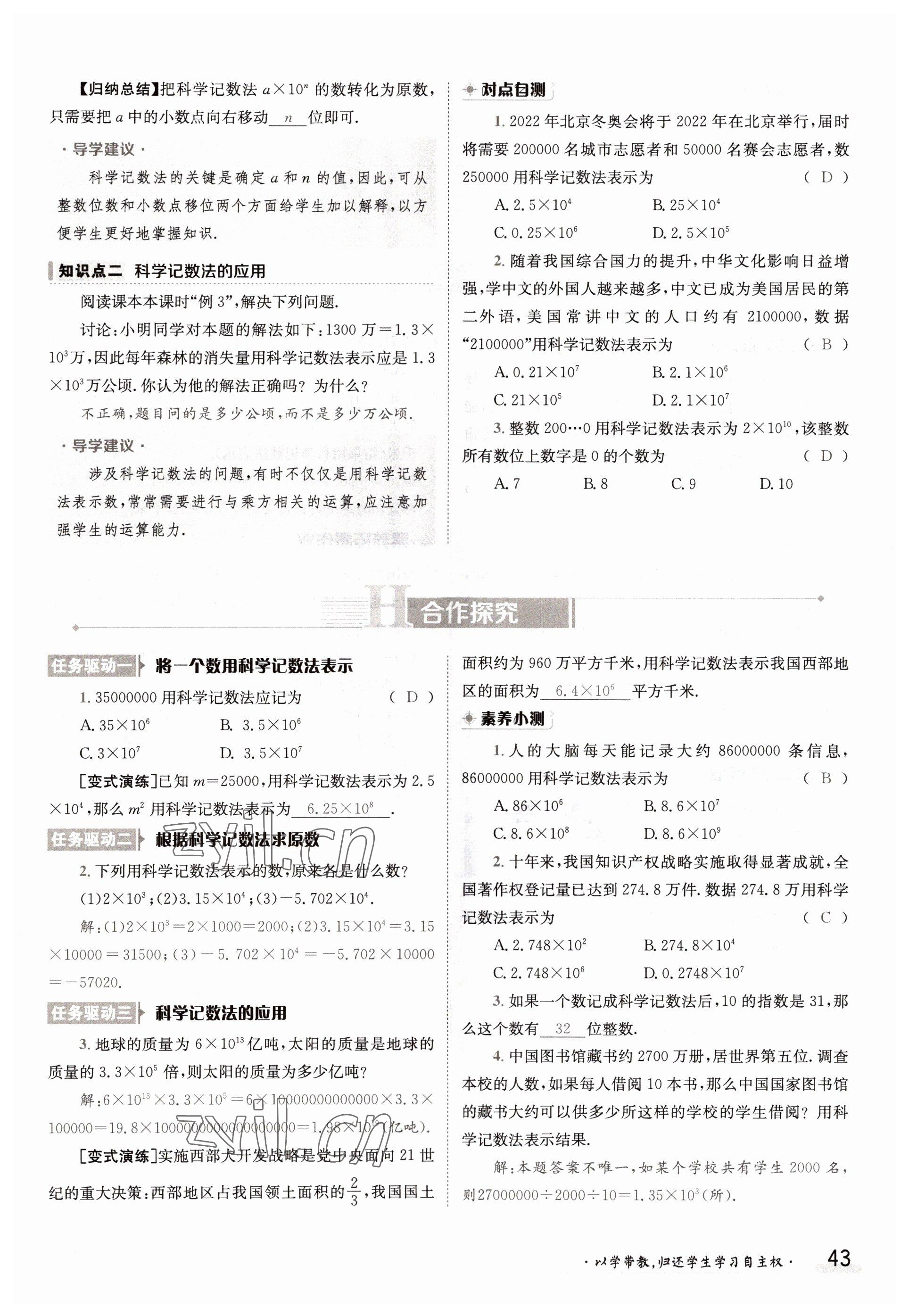 2022年金太陽分層作業(yè)本七年級數(shù)學(xué)上冊滬科版 參考答案第43頁