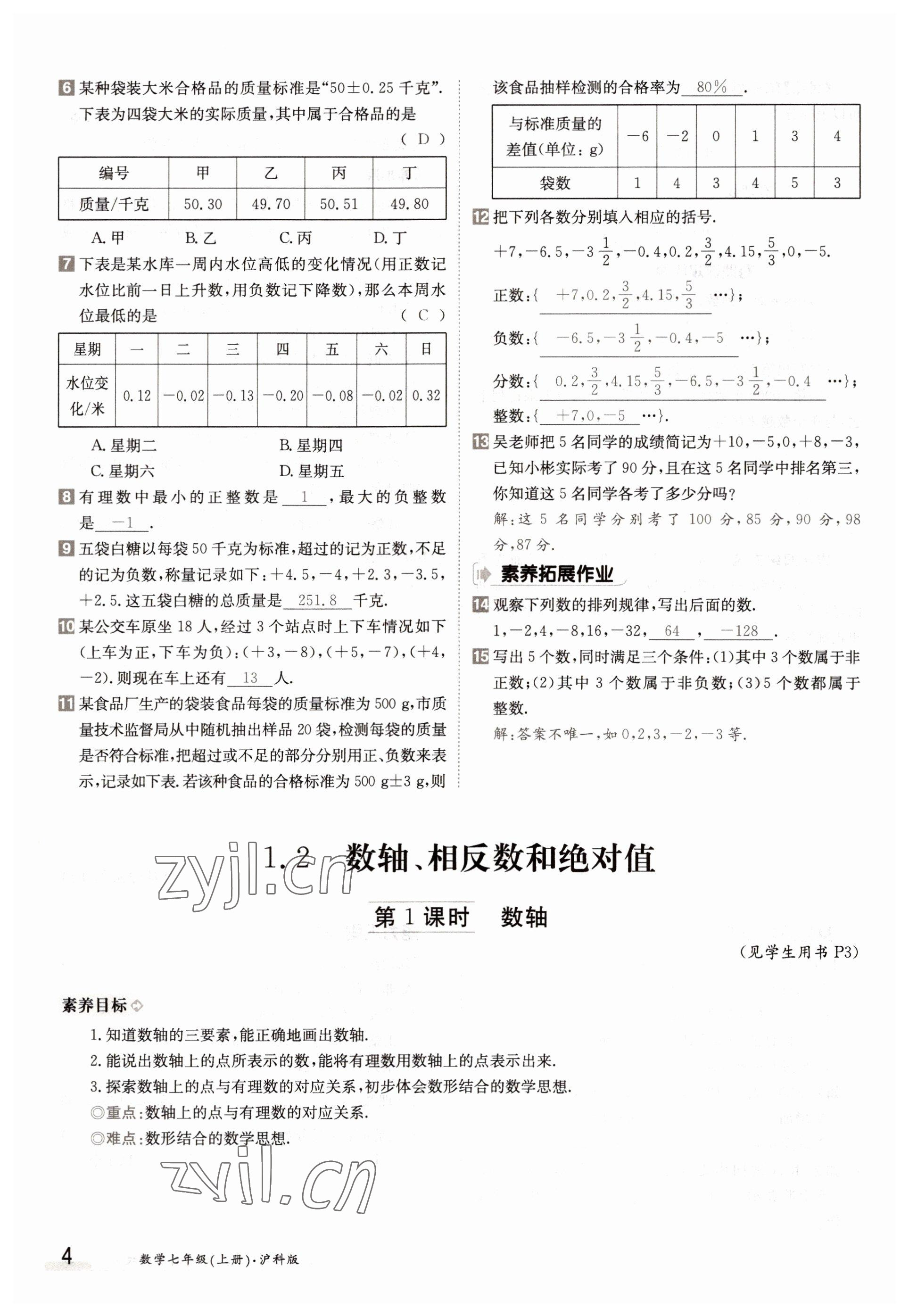 2022年金太陽分層作業(yè)本七年級數(shù)學(xué)上冊滬科版 參考答案第4頁