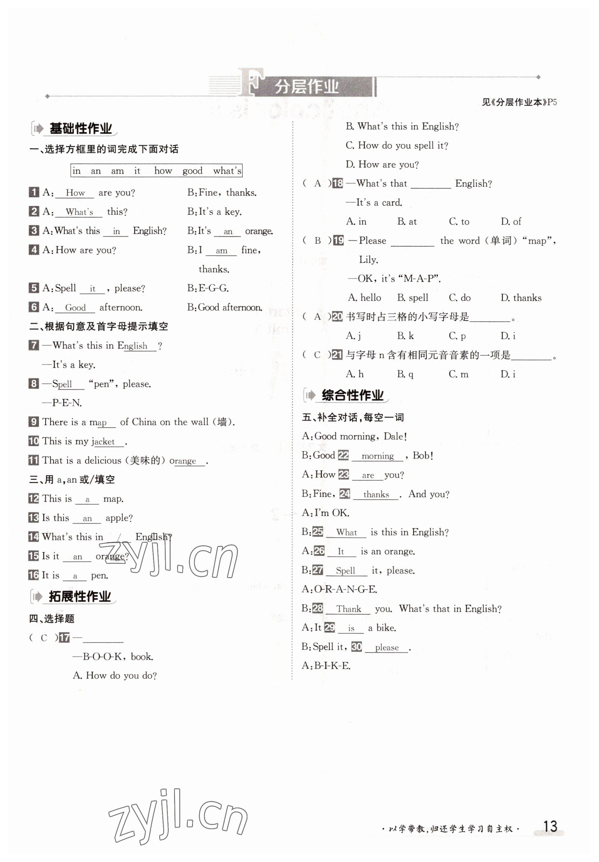 2022年金太陽分層作業(yè)本七年級英語上冊人教版 參考答案第13頁