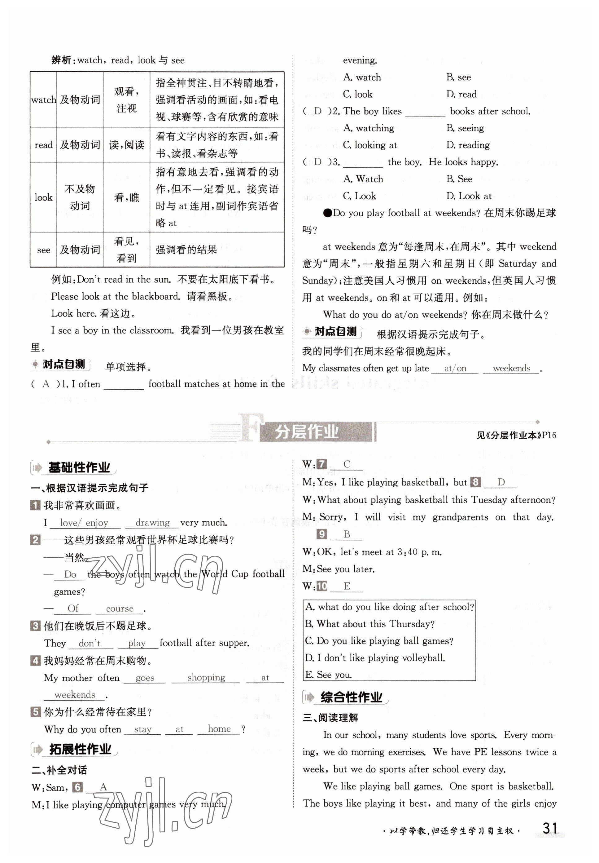2022年金太陽分層作業本七年級英語上冊譯林版 參考答案第31頁