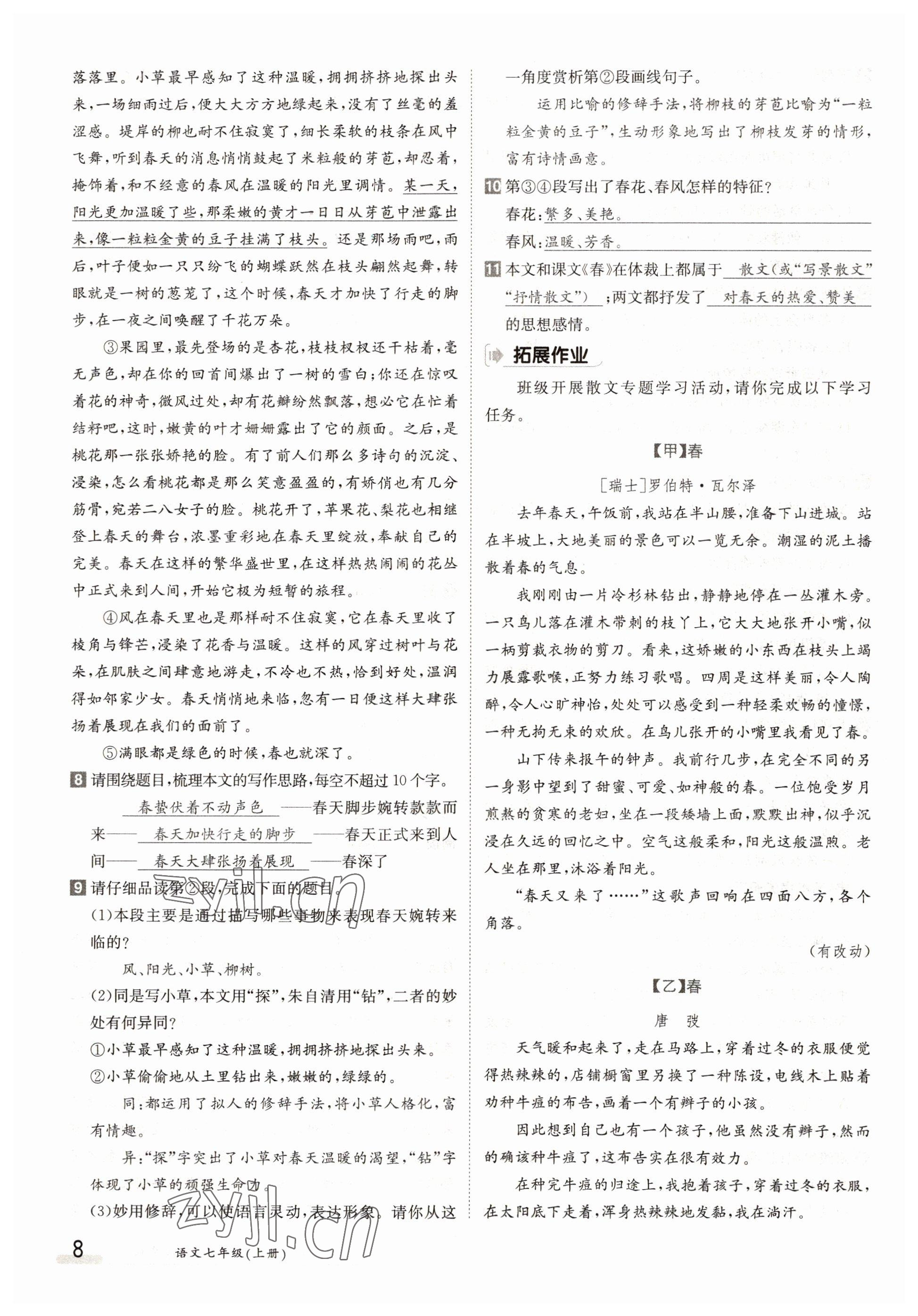 2022年金太陽分層作業本七年級語文上冊人教版 參考答案第8頁