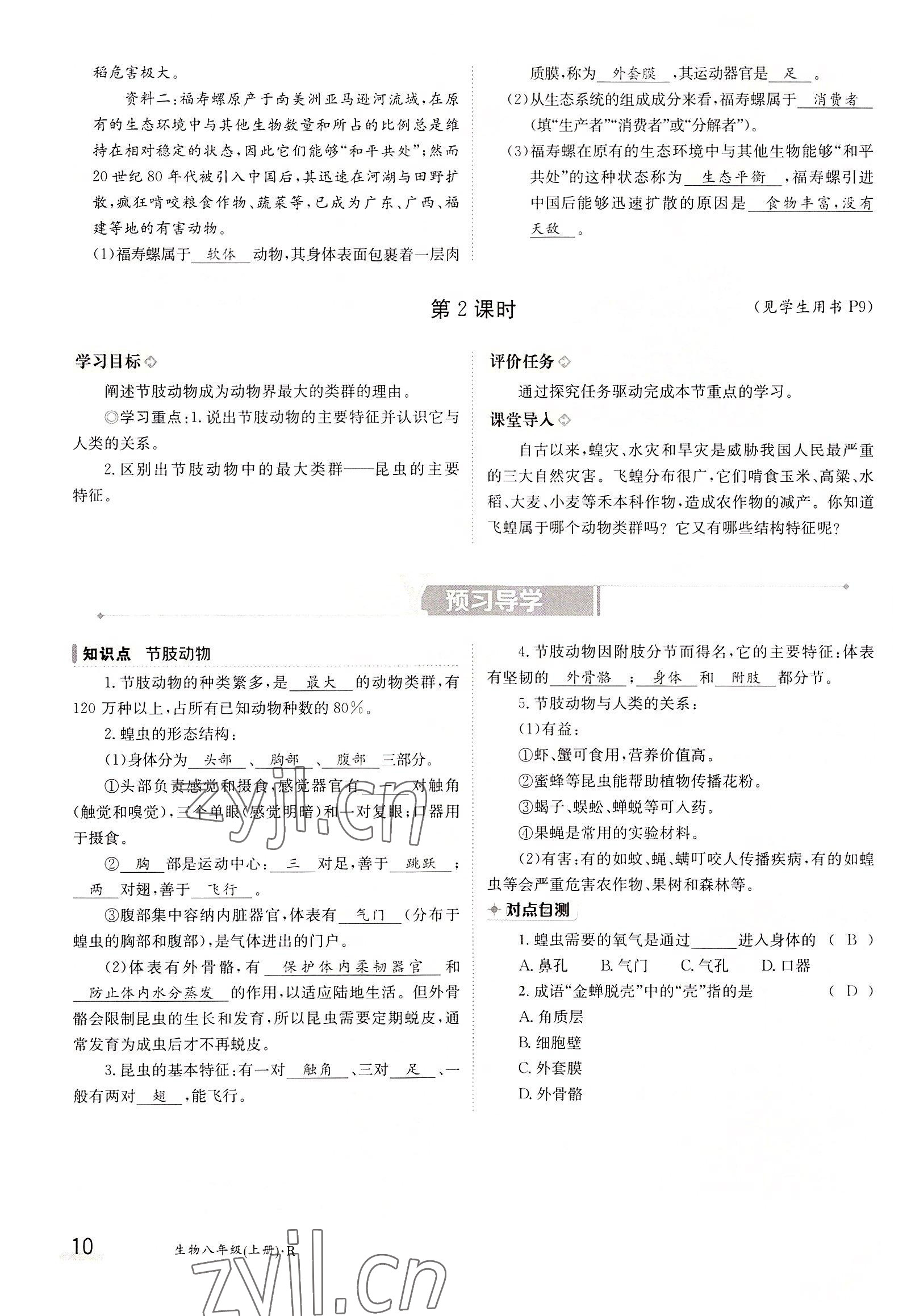 2022年金太陽分層作業(yè)本八年級生物上冊人教版 參考答案第10頁
