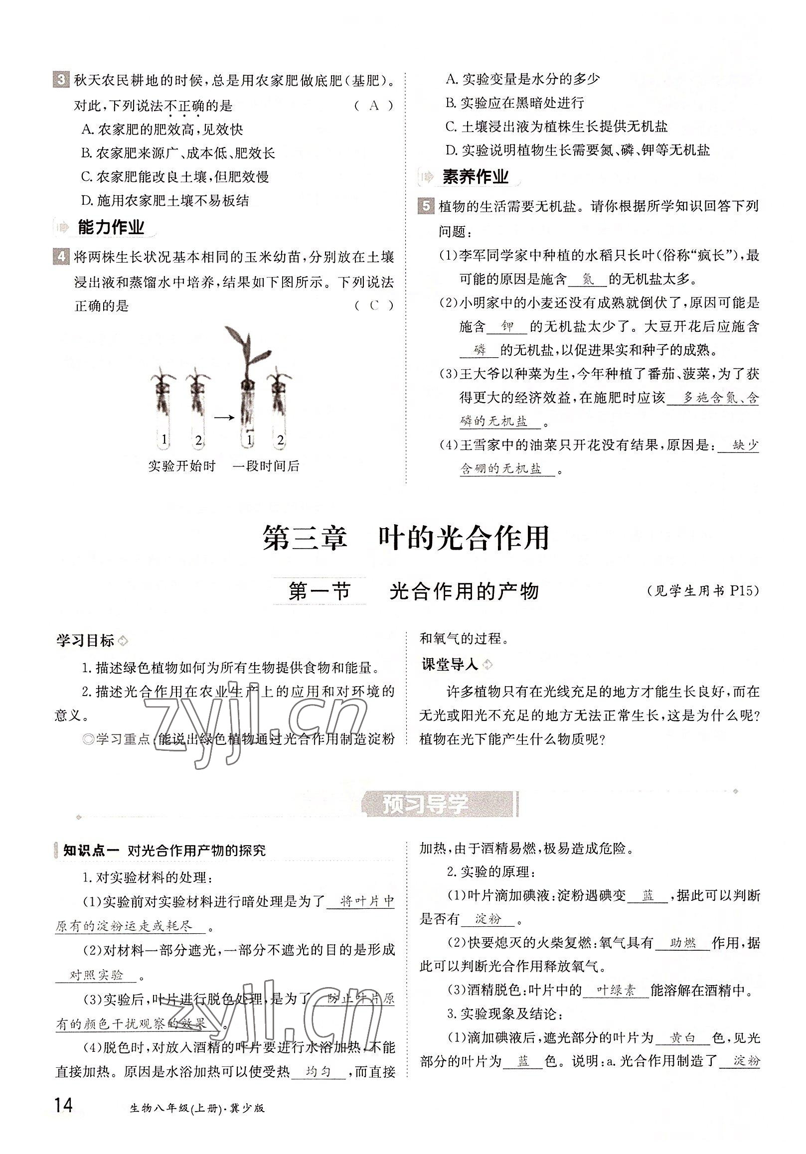 2022年金太陽分層作業(yè)本八年級生物上冊冀少版 參考答案第14頁