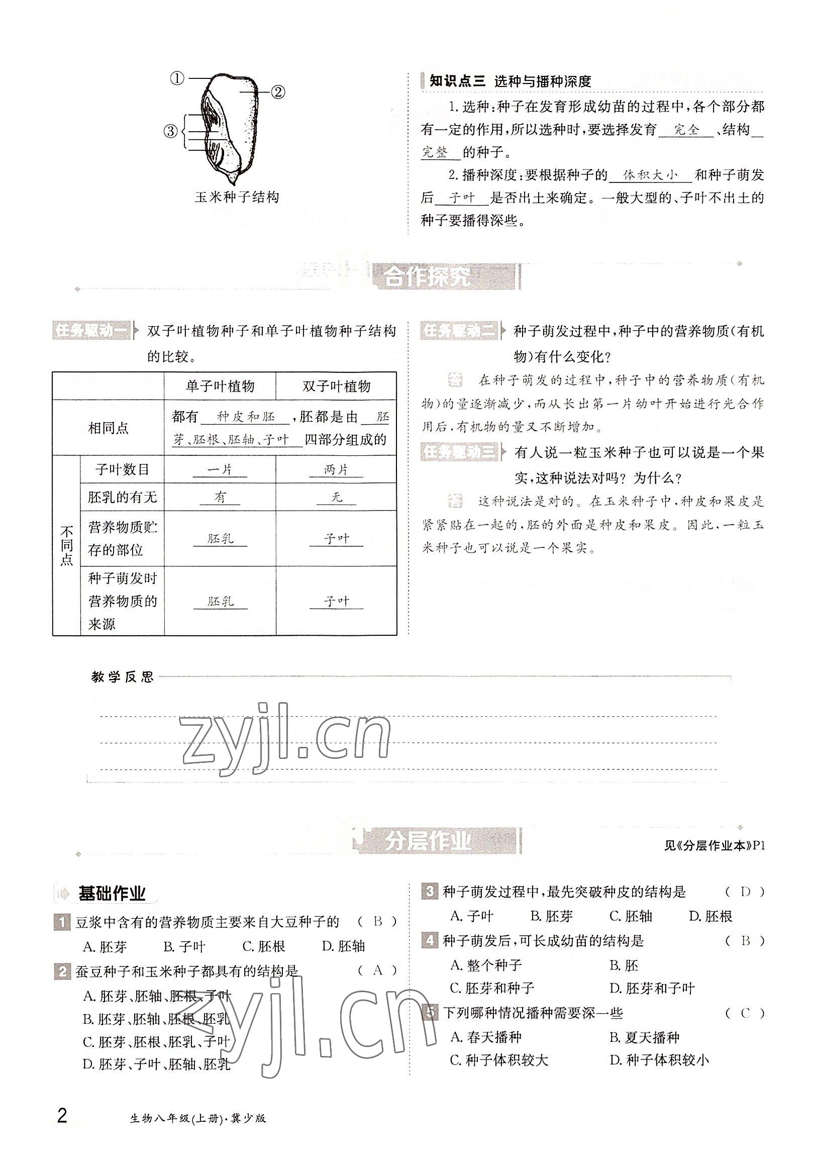 2022年金太陽分層作業(yè)本八年級生物上冊冀少版 參考答案第2頁