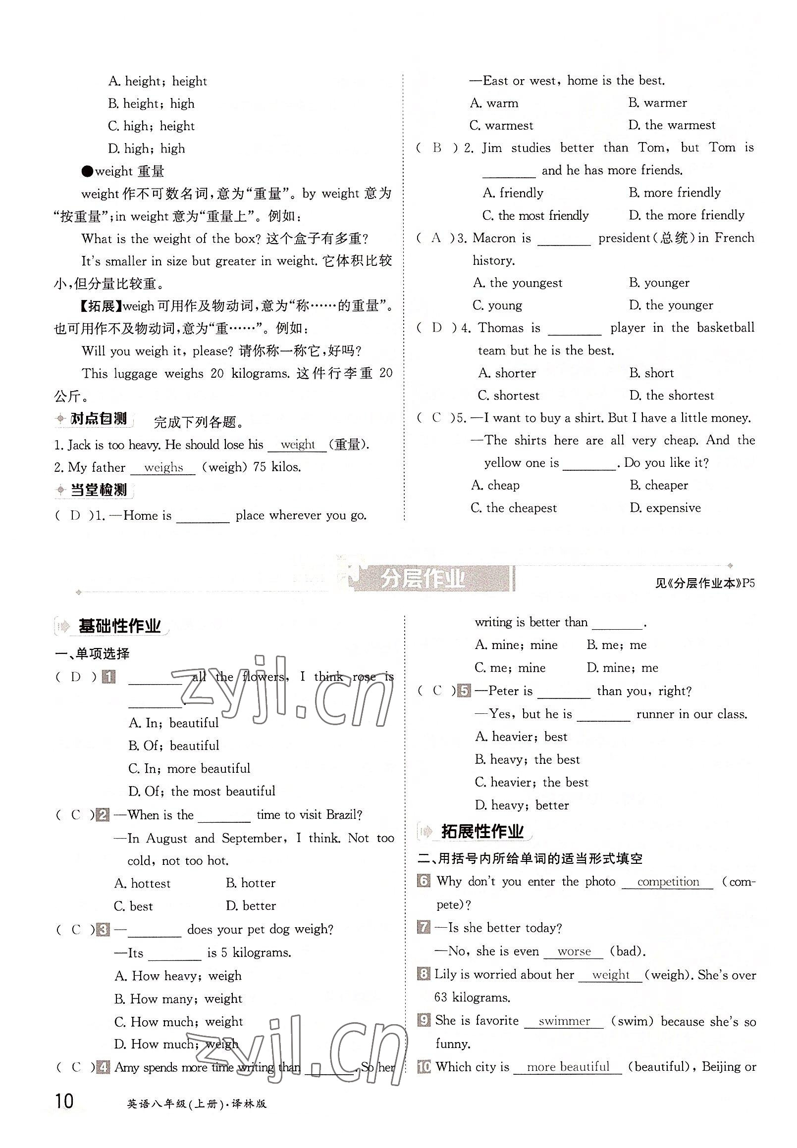 2022年金太陽分層作業本八年級英語上冊譯林版 參考答案第10頁