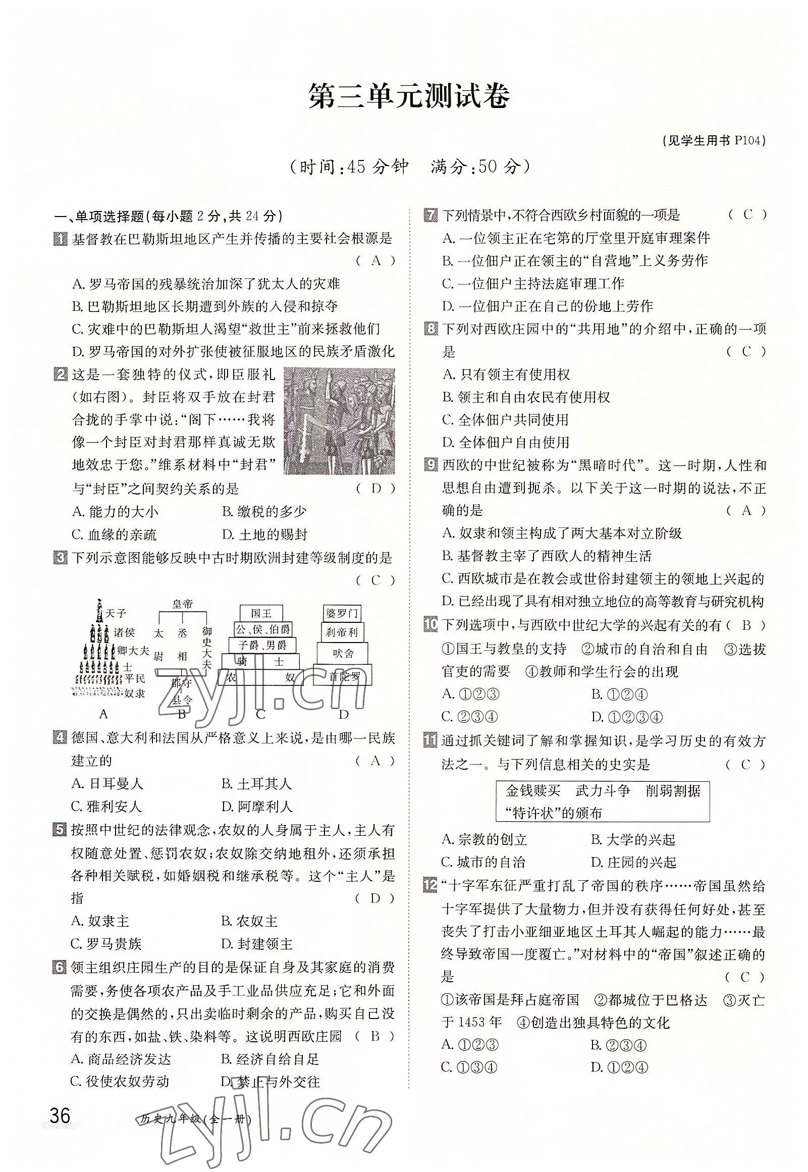 2022年金太陽分層作業(yè)本九年級歷史全一冊人教版 參考答案第36頁