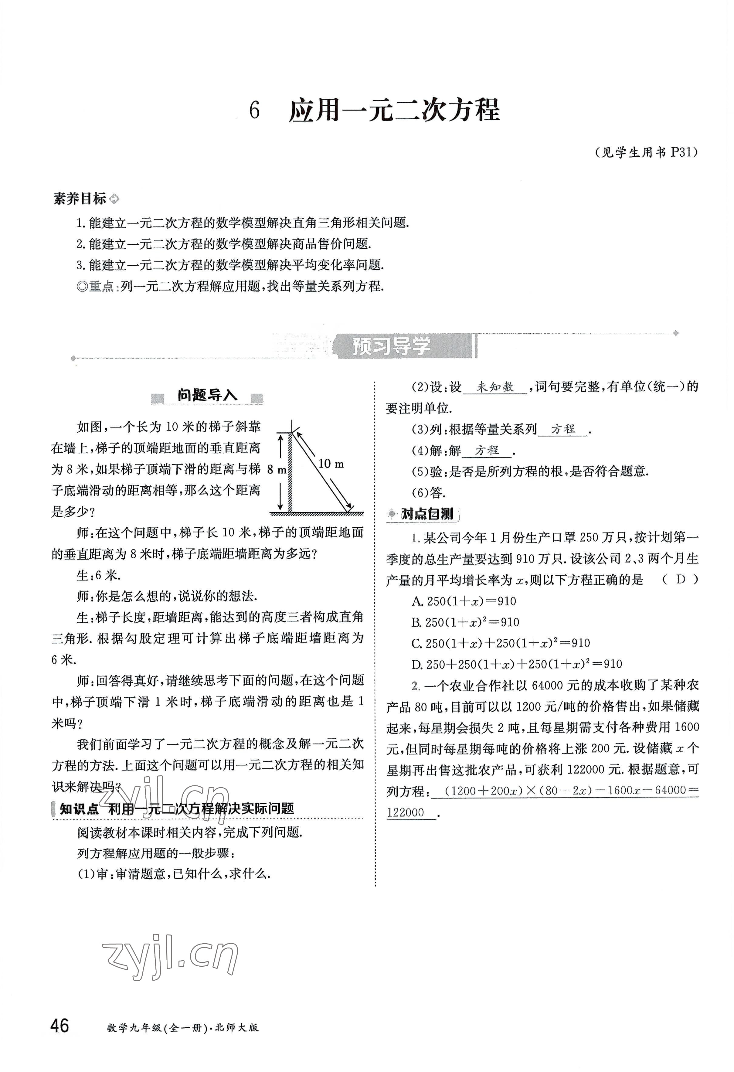 2022年金太陽分層作業(yè)本九年級數(shù)學全一冊北師大版 參考答案第46頁