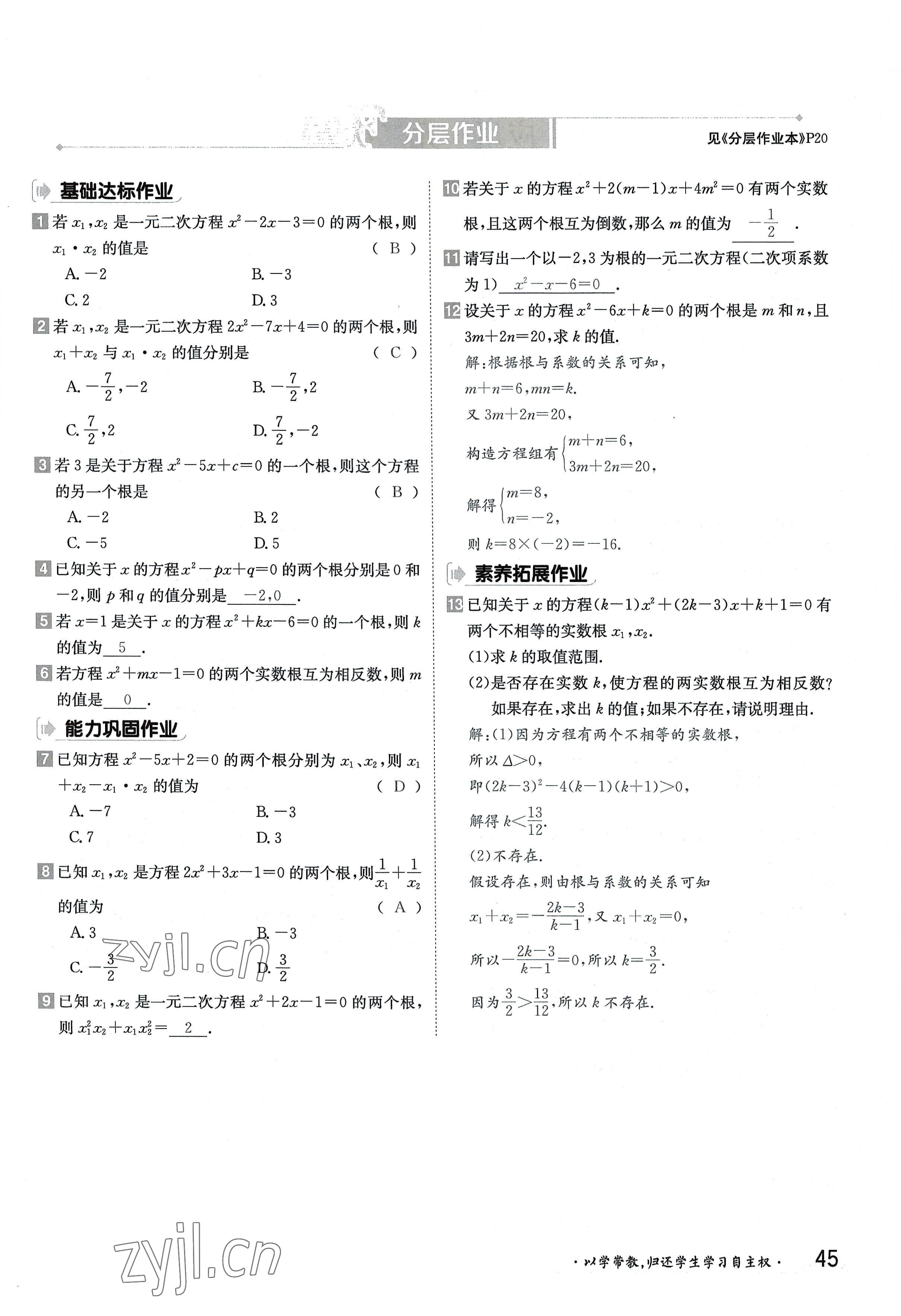 2022年金太陽分層作業(yè)本九年級數(shù)學全一冊北師大版 參考答案第45頁