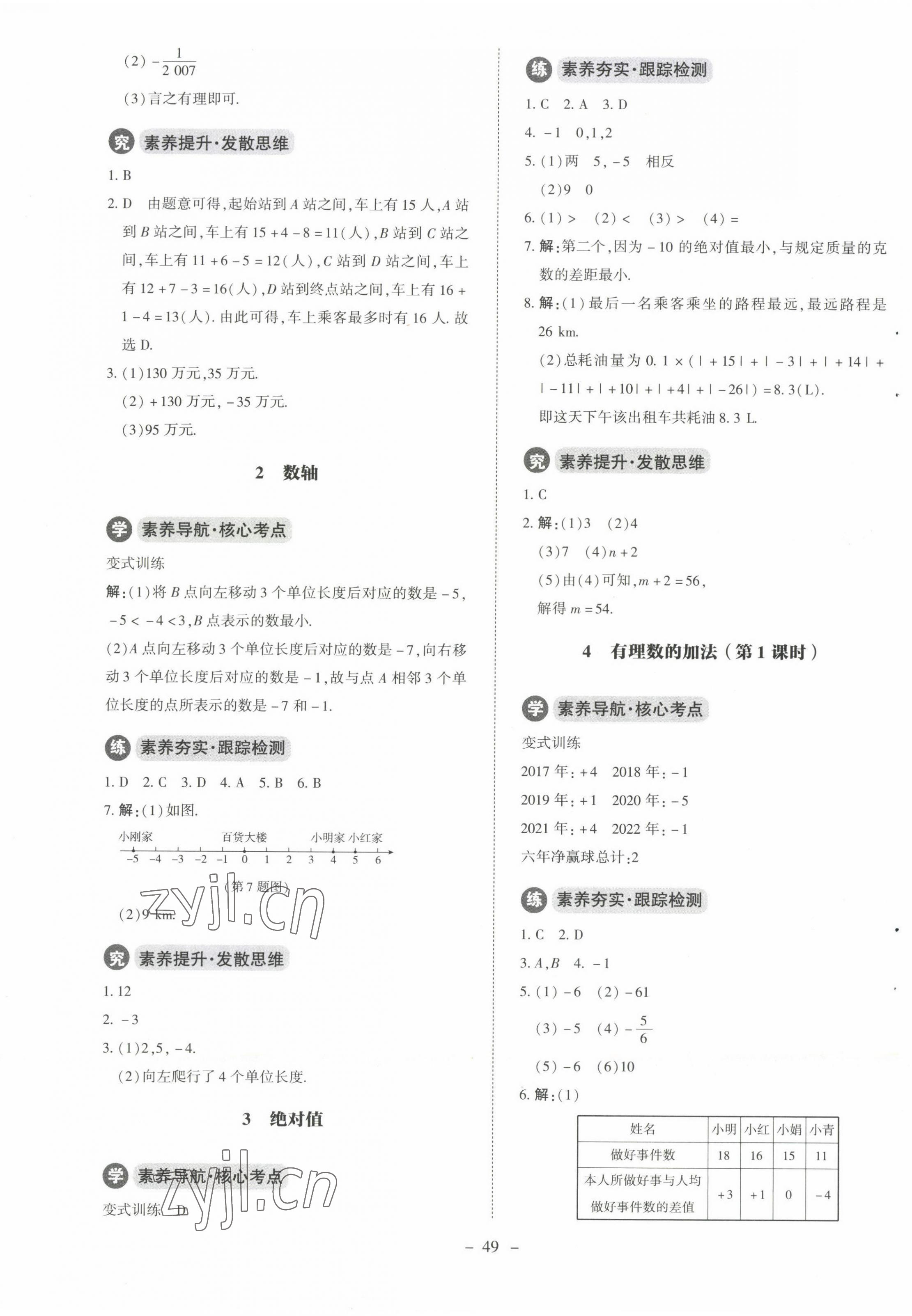 2022年初中同步练习册七年级数学上册北师大版北京师范大学出版社 参考答案第5页