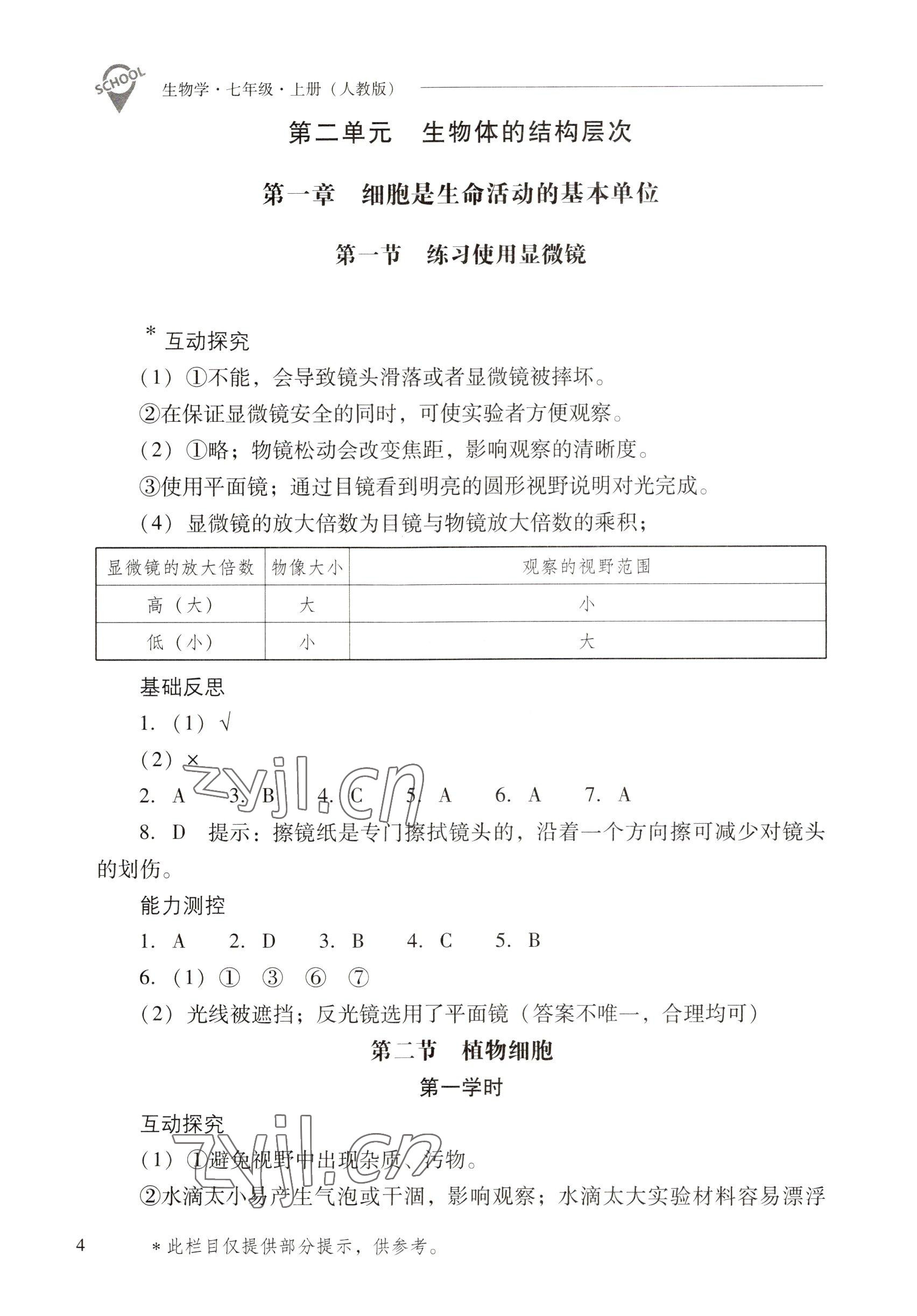 2022年新課程問(wèn)題解決導(dǎo)學(xué)方案七年級(jí)生物上冊(cè)人教版 參考答案第4頁(yè)