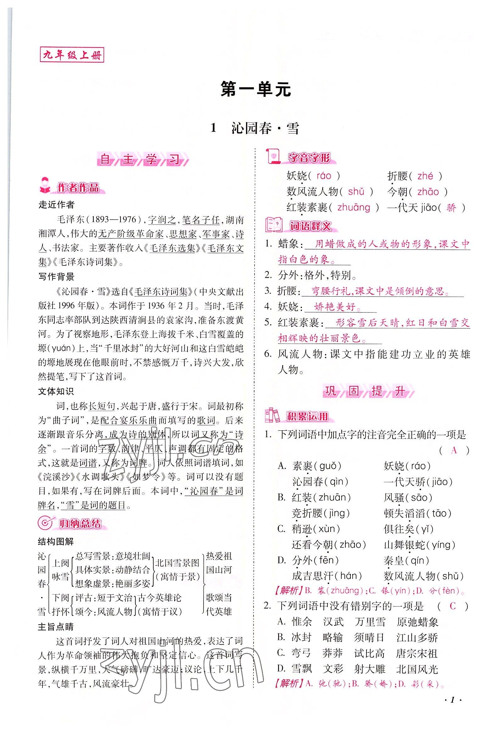 2022年本土攻略九年級語文全一冊人教版 參考答案第1頁