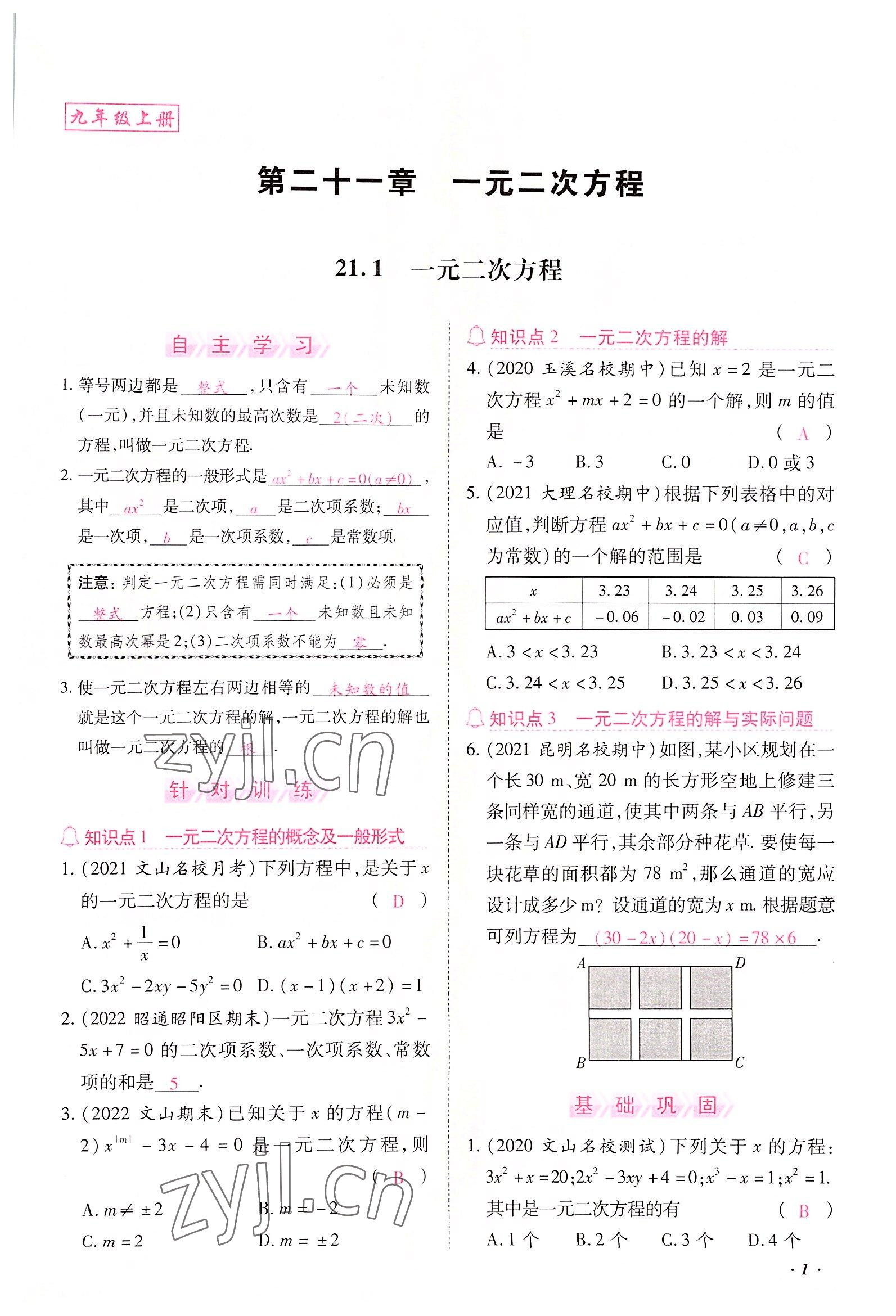 2022年本土攻略九年级数学全一册人教版 参考答案第1页