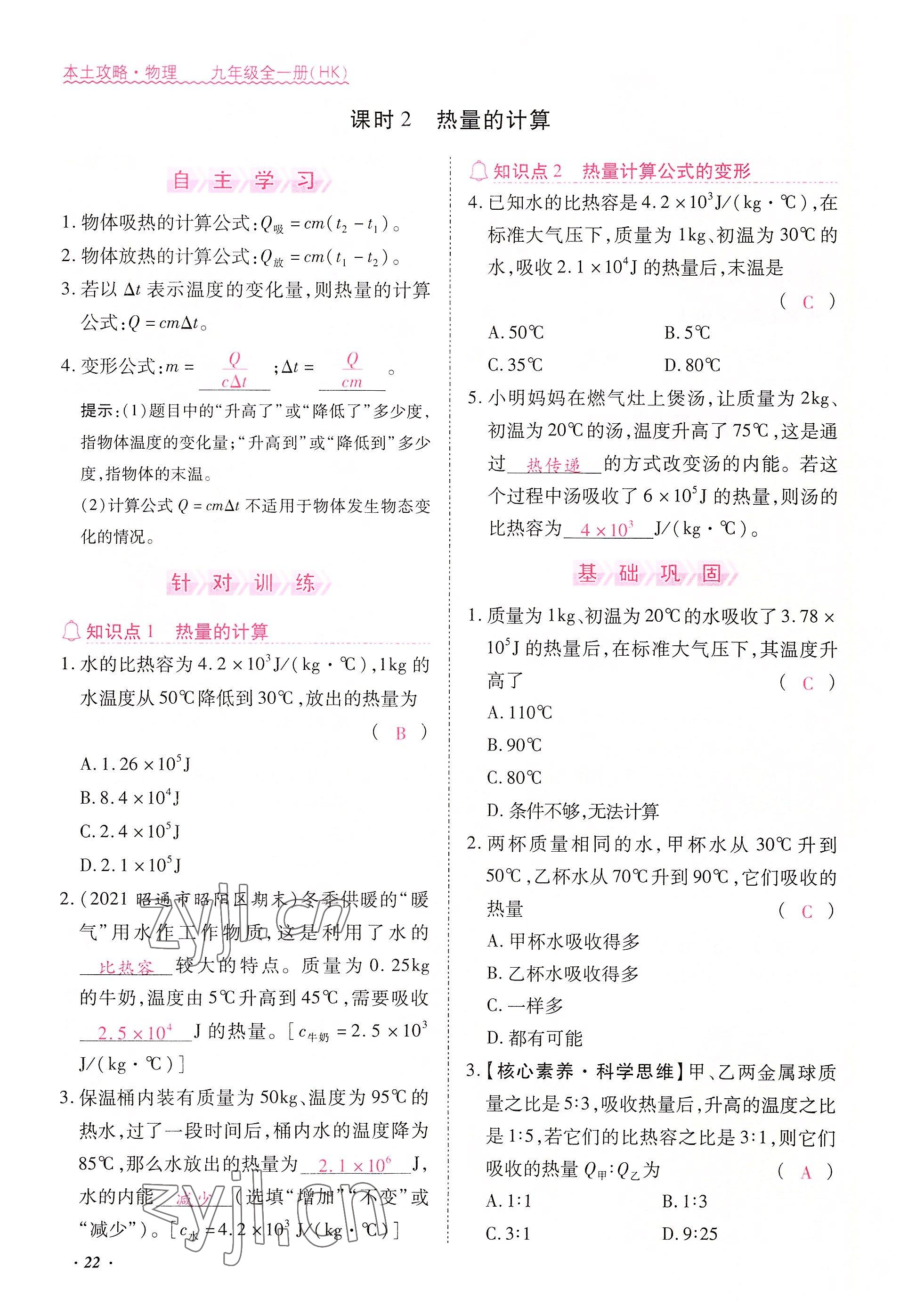 2022年本土攻略九年級(jí)物理全一冊(cè)滬科版 參考答案第60頁(yè)