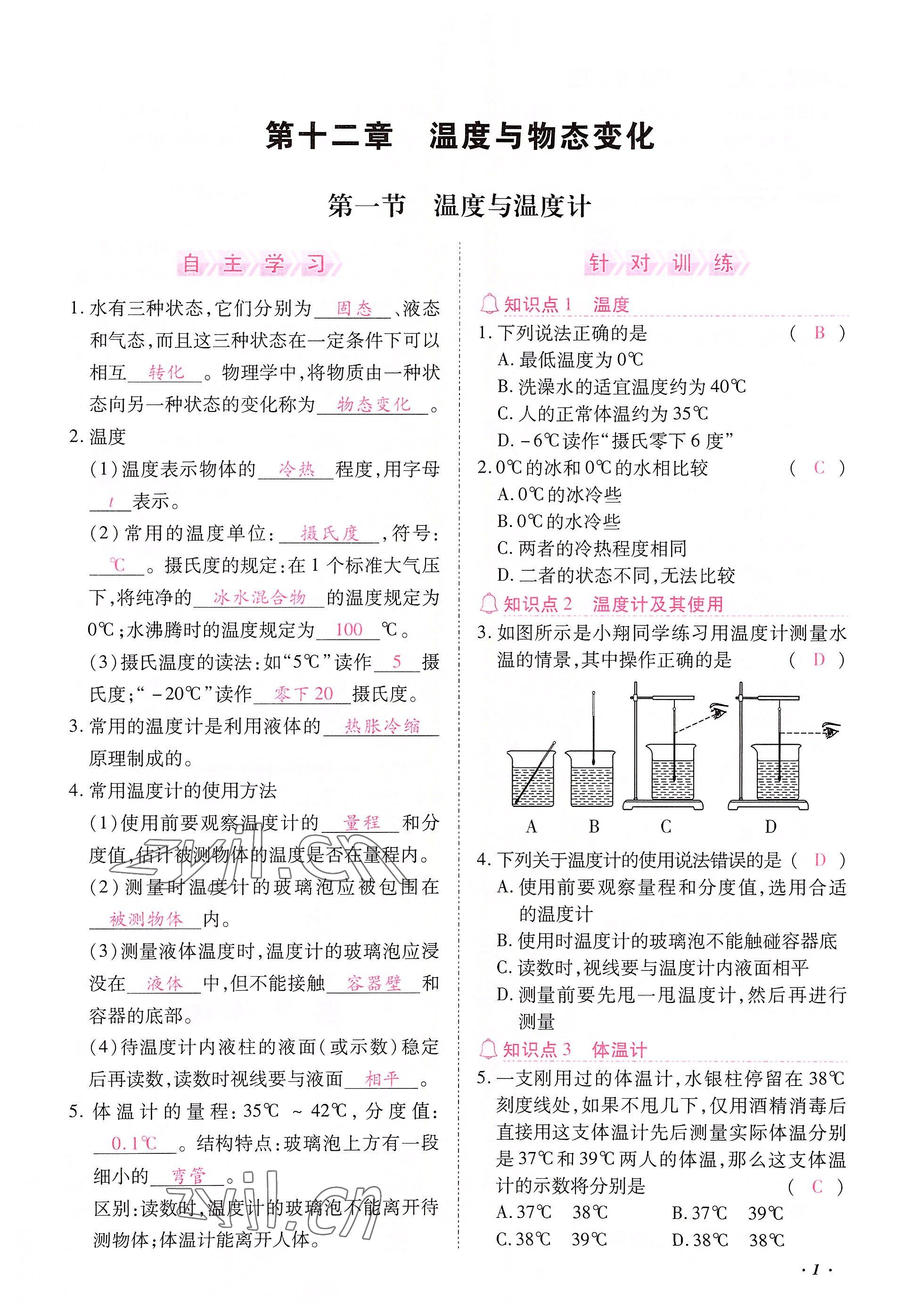 2022年本土攻略九年级物理全一册沪科版 参考答案第1页