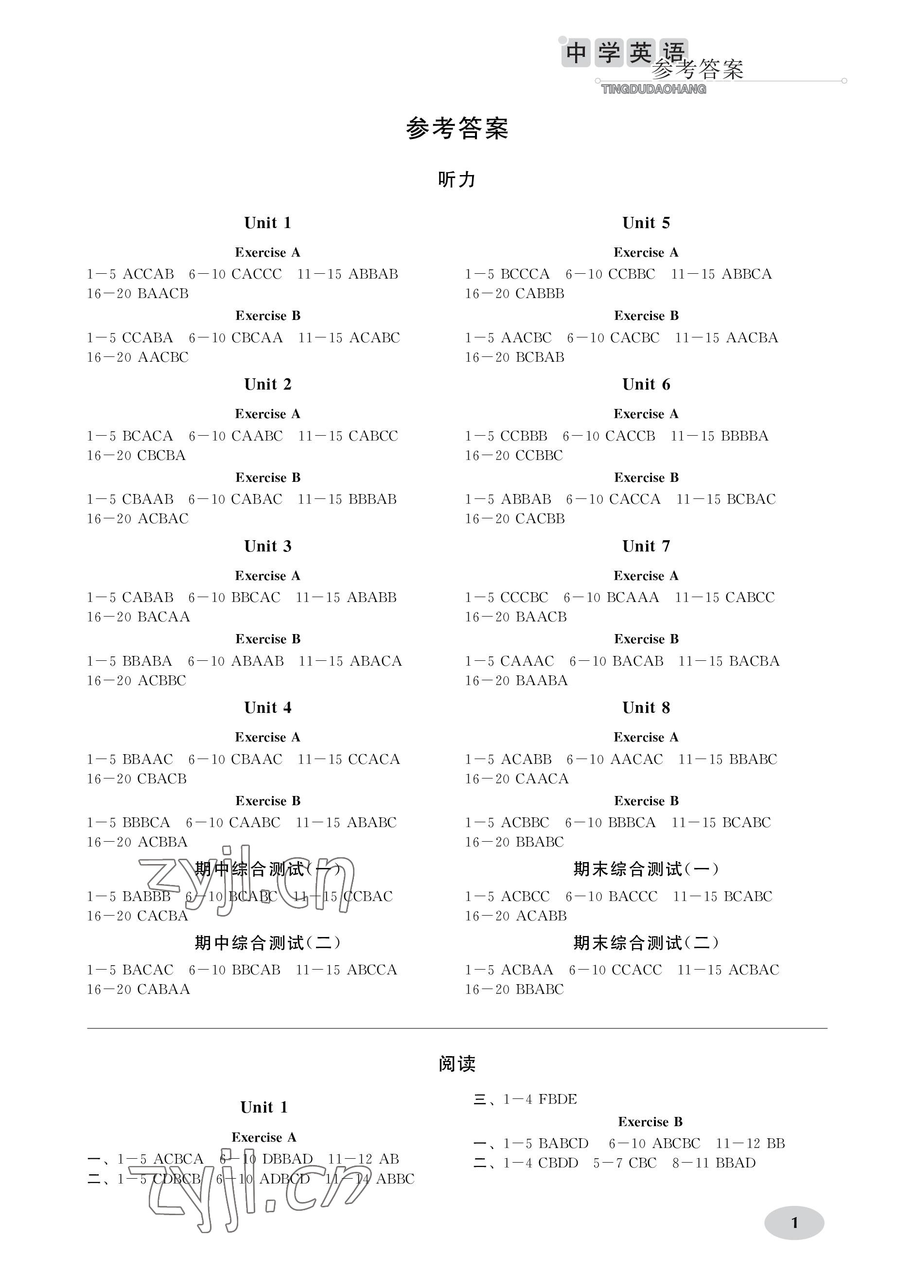 2022年中學(xué)英語(yǔ)聽讀導(dǎo)航九年級(jí)上冊(cè)譯林版 參考答案第1頁(yè)