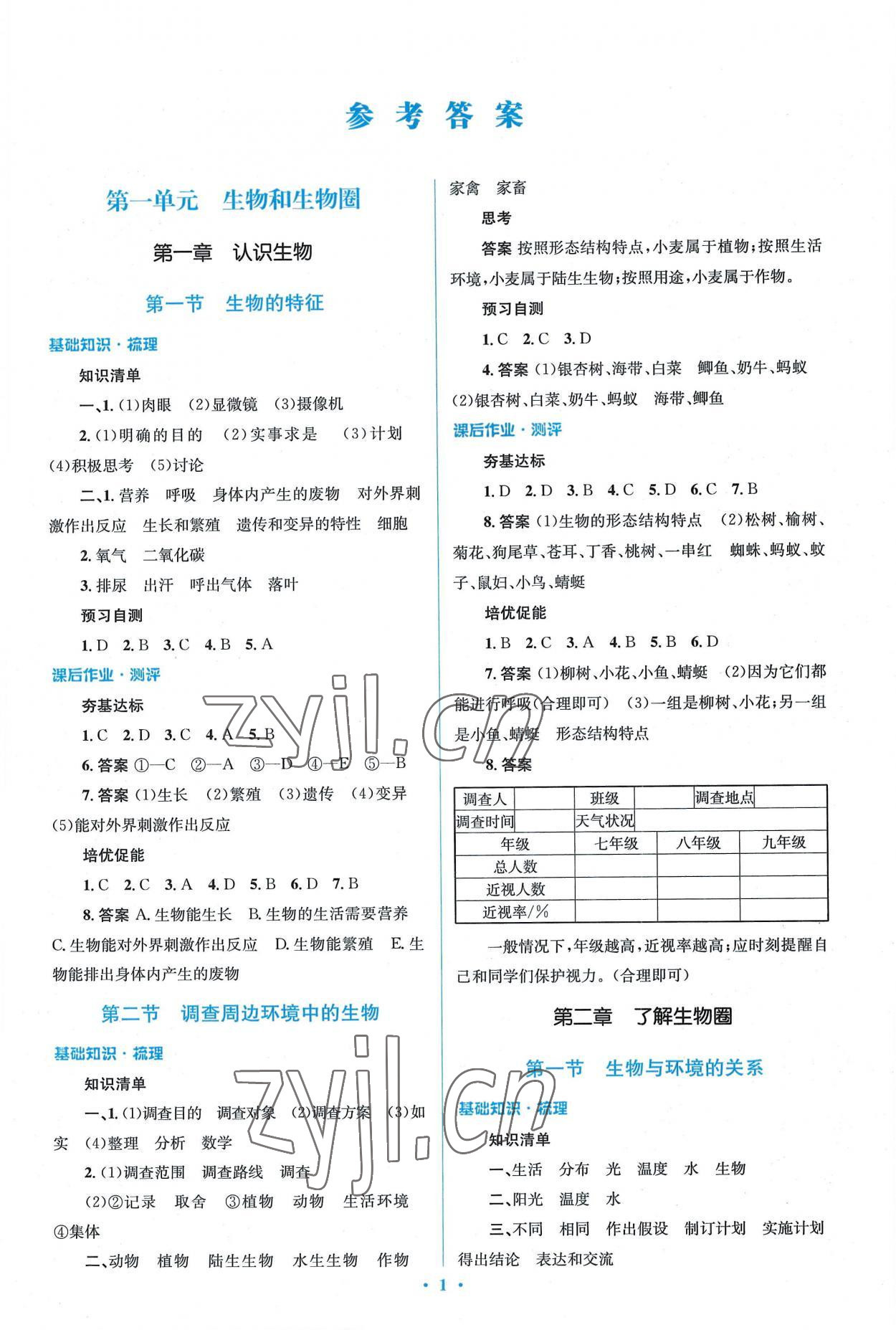 2022年人教金学典同步解析与测评学考练七年级生物上册人教版 参考答案第1页