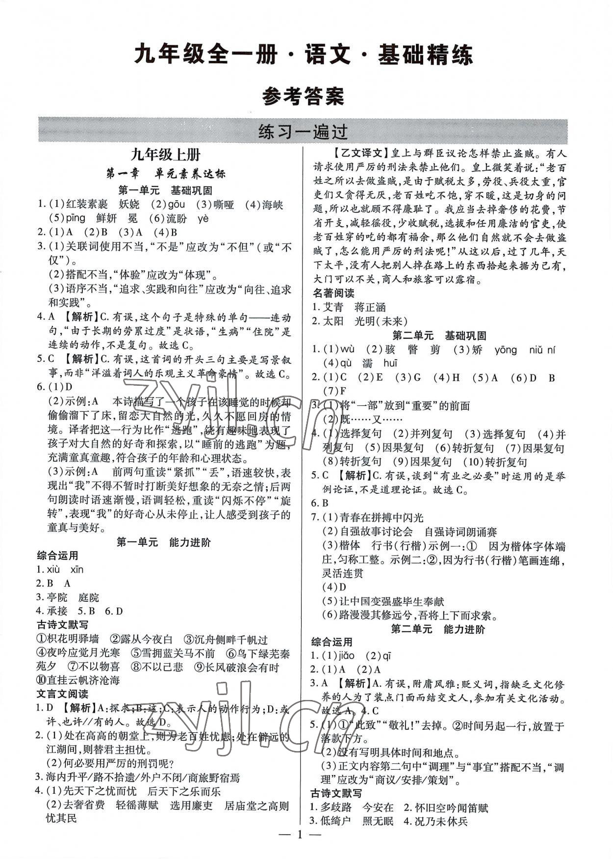 2022年基礎(chǔ)精練九年級語文全一冊人教版深圳專版 第1頁