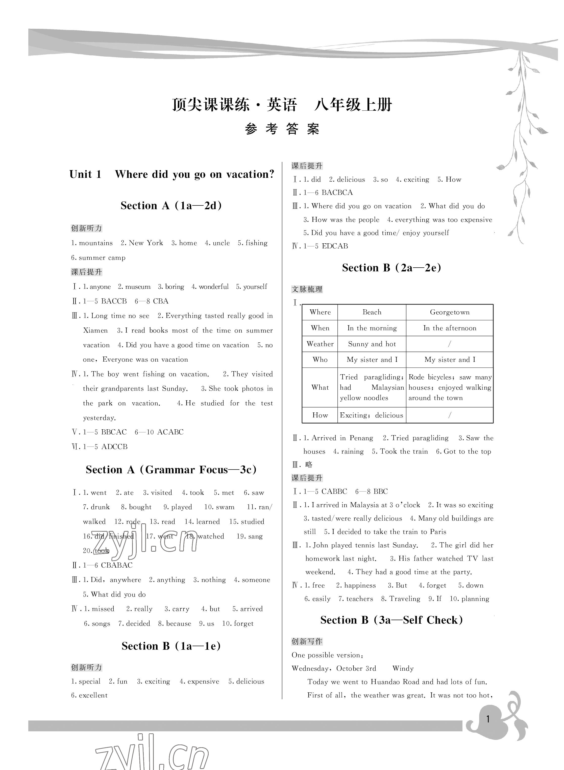 2022年顶尖课课练八年级英语上册人教版 参考答案第1页