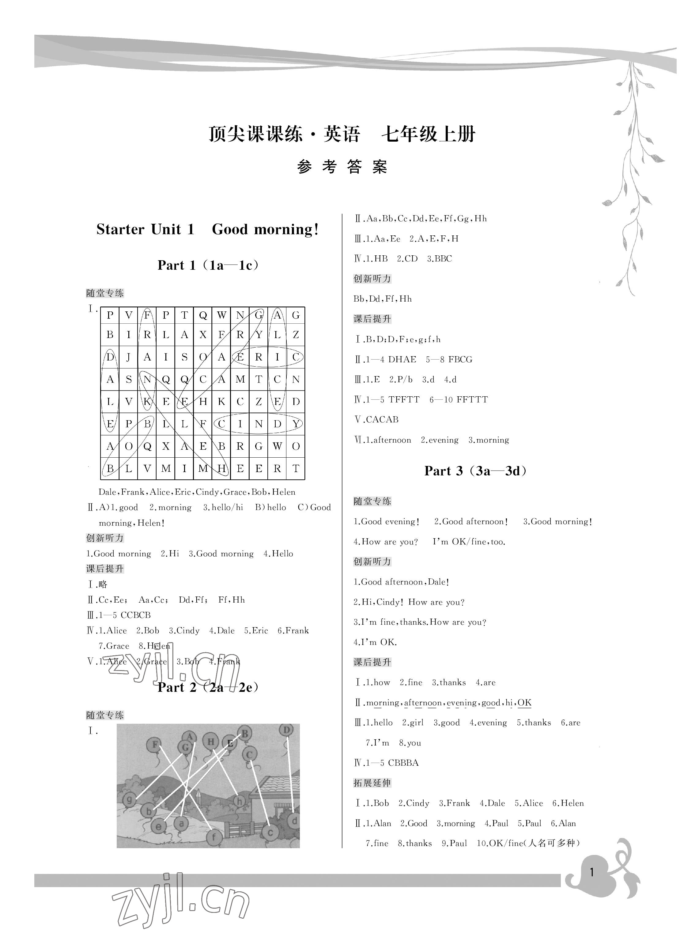 2022年頂尖課課練七年級(jí)英語(yǔ)上冊(cè)人教版 參考答案第1頁(yè)