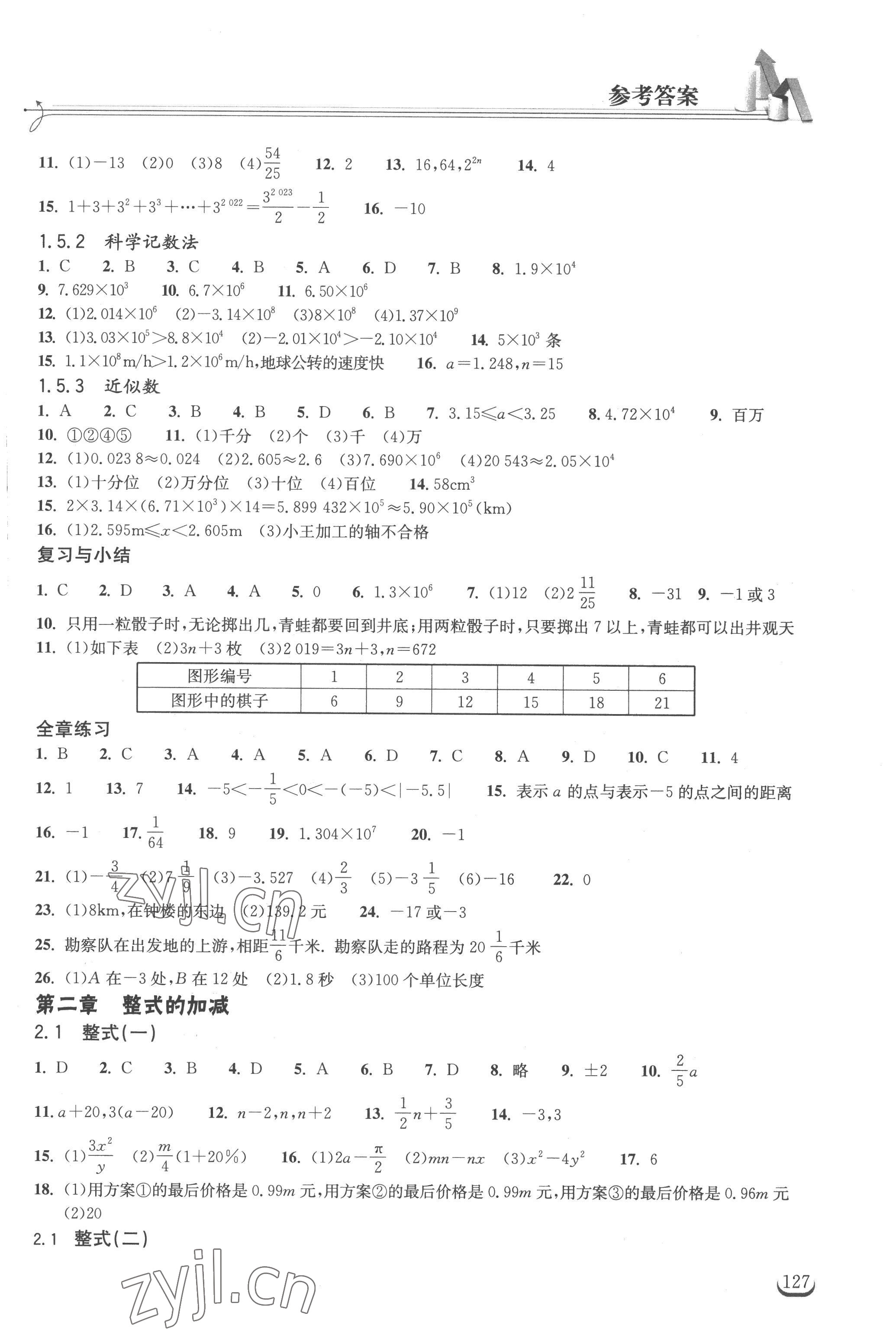 2022年長江作業(yè)本同步練習(xí)冊(cè)七年級(jí)數(shù)學(xué)上冊(cè)人教版 參考答案第3頁