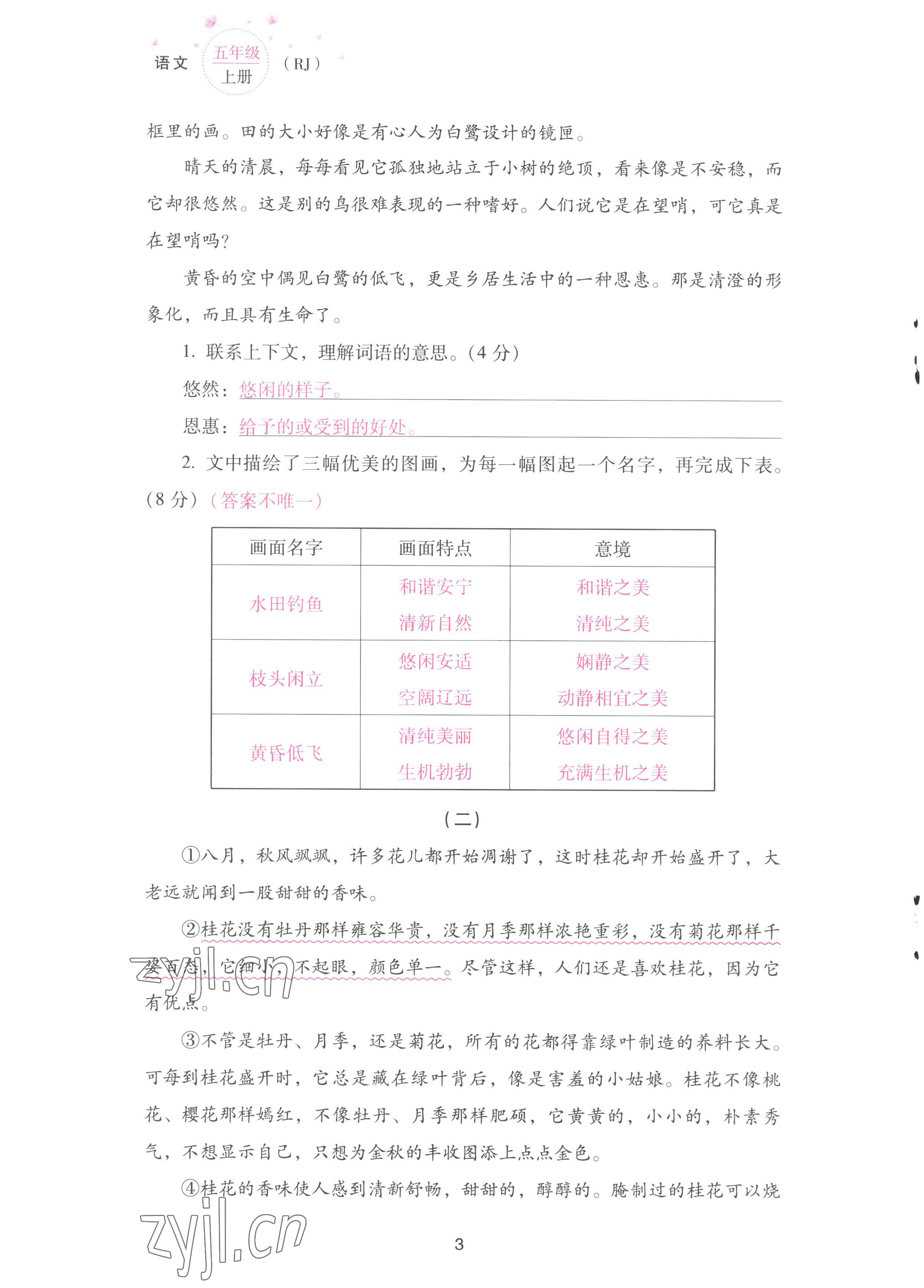 2022年云南省標準教輔同步指導(dǎo)訓(xùn)練與檢測配套測試卷五年級語文上冊人教版 參考答案第3頁