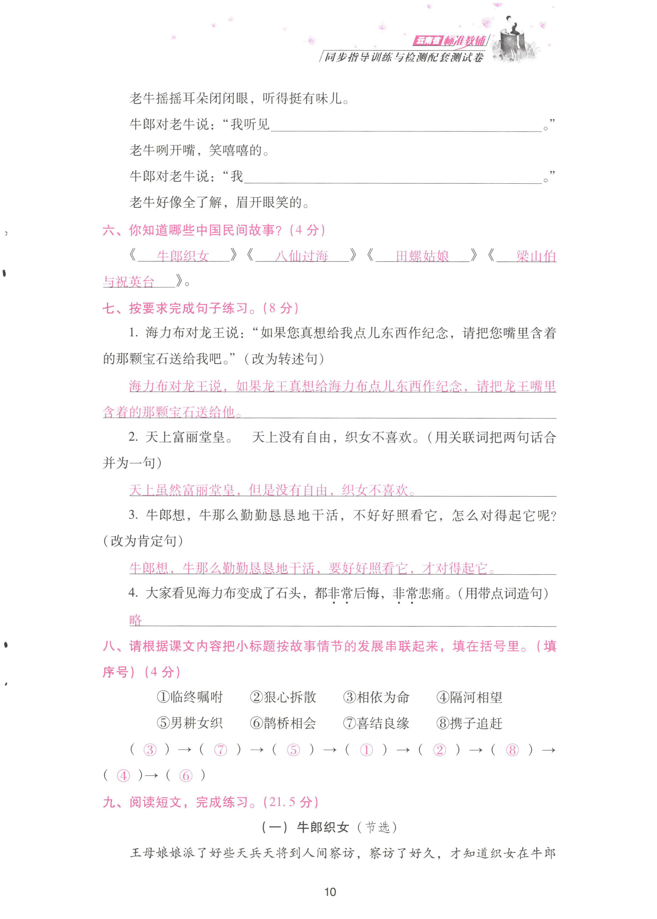 2022年云南省標(biāo)準(zhǔn)教輔同步指導(dǎo)訓(xùn)練與檢測配套測試卷五年級語文上冊人教版 參考答案第10頁