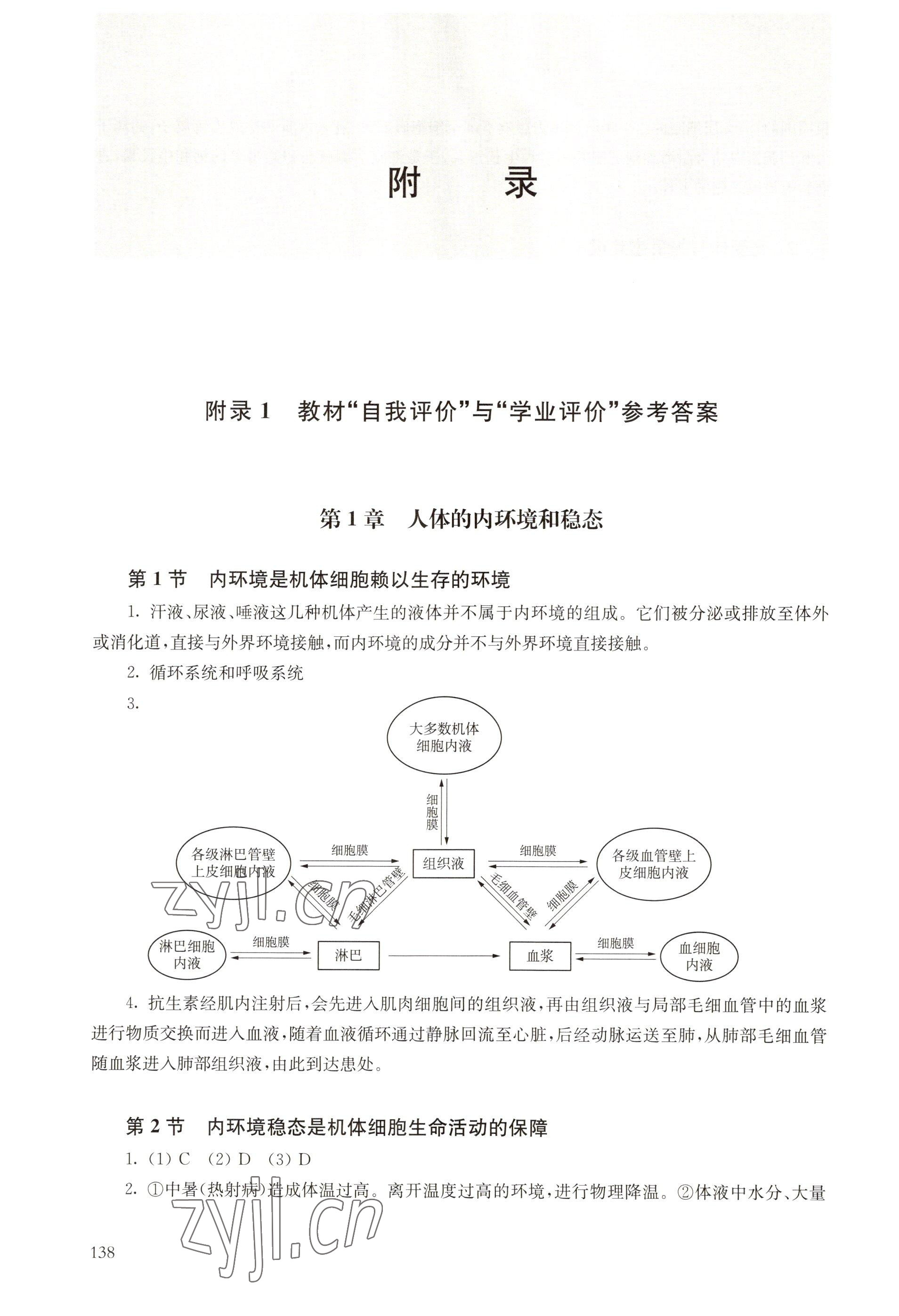 2022年自我评价与学业评价高中生物选择性必修1沪教版 参考答案第1页