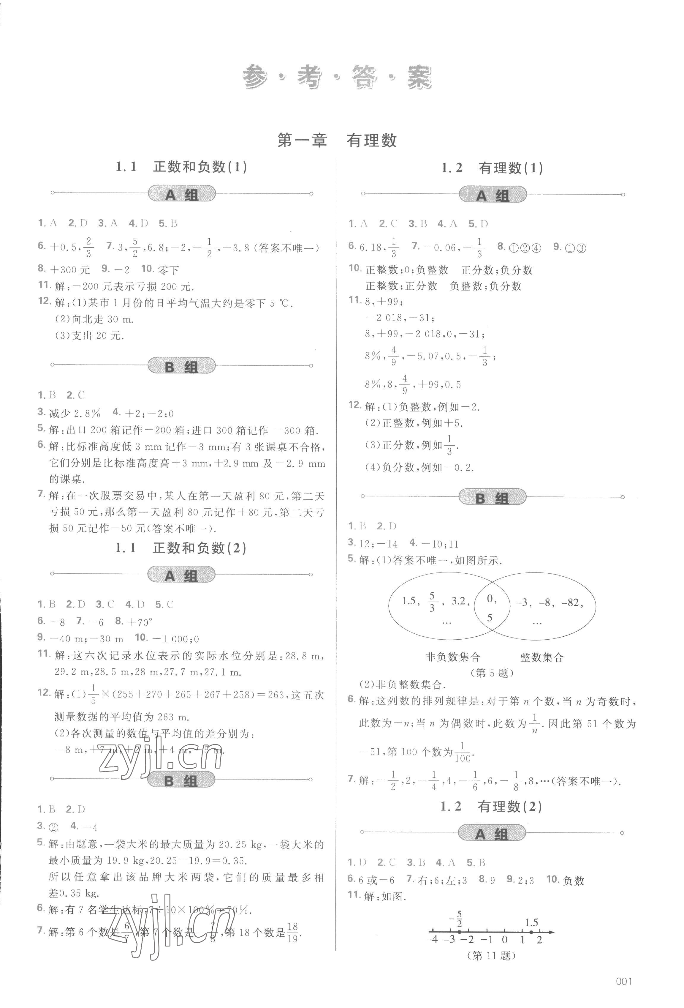 2022年学习质量监测七年级数学上册人教版 参考答案第1页