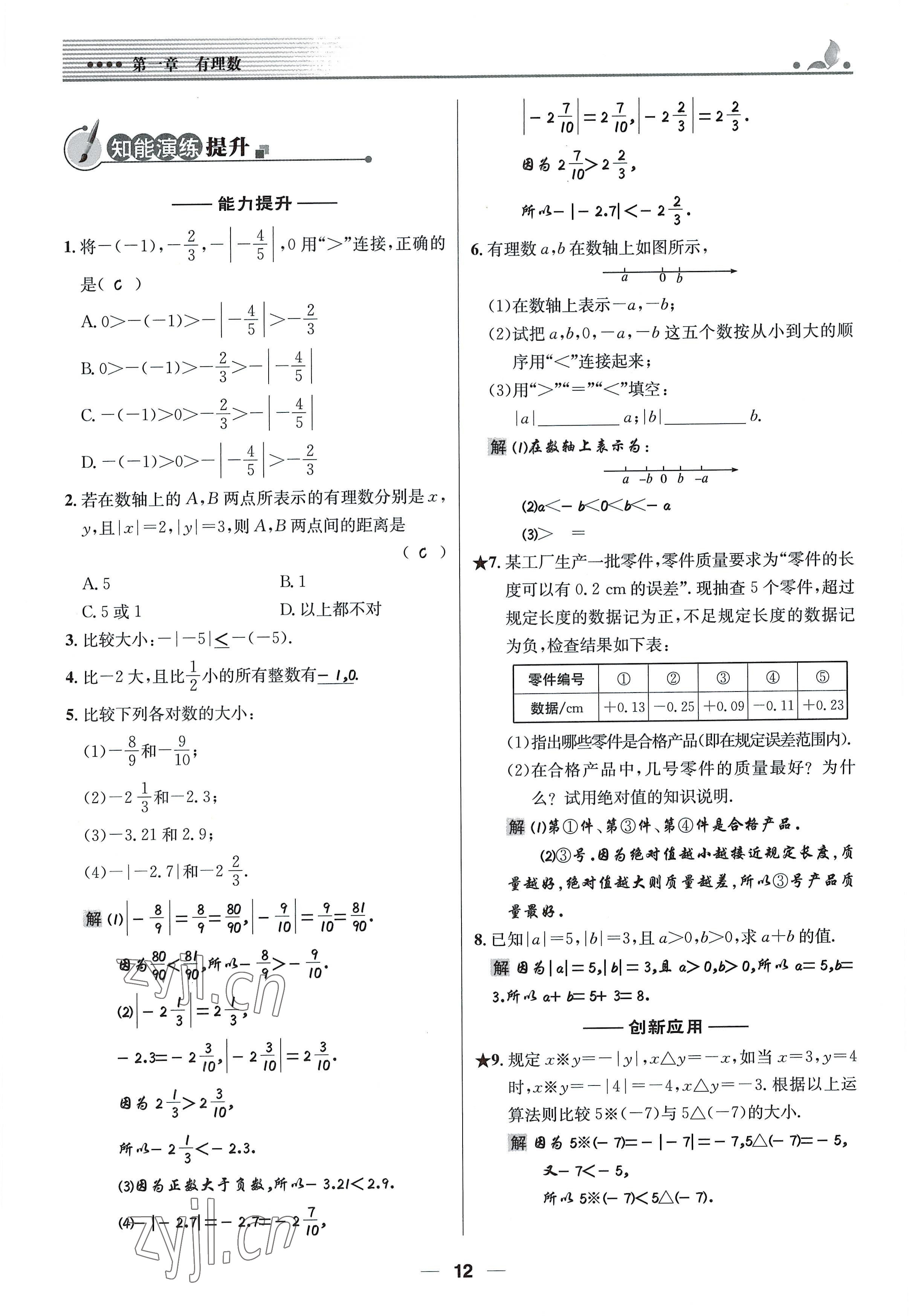 2022年同步测控优化设计七年级数学上册人教版精编版 参考答案第12页