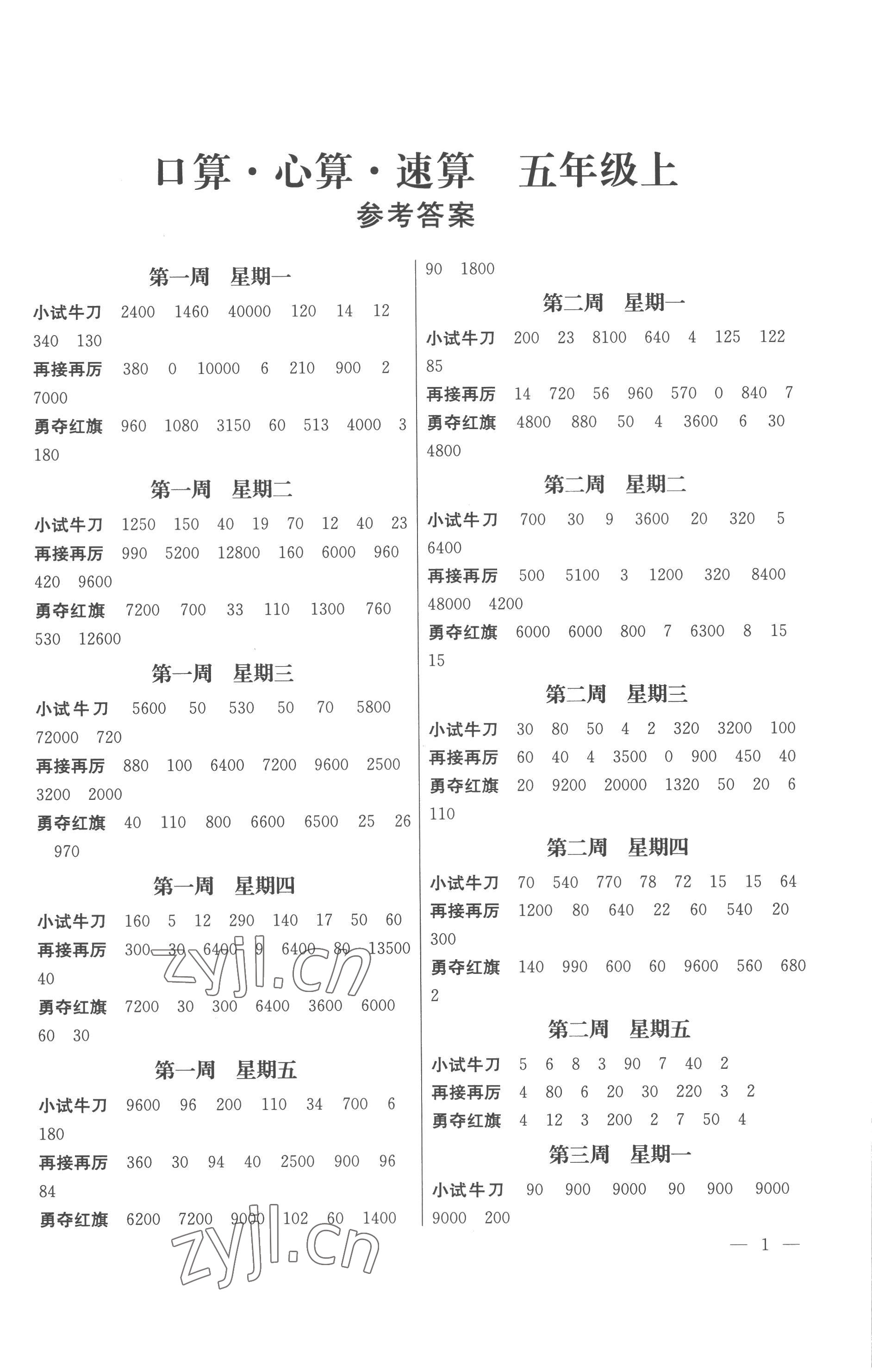 2022年口算心算速算五年級上冊蘇教版江蘇鳳凰美術(shù)出版社 第1頁