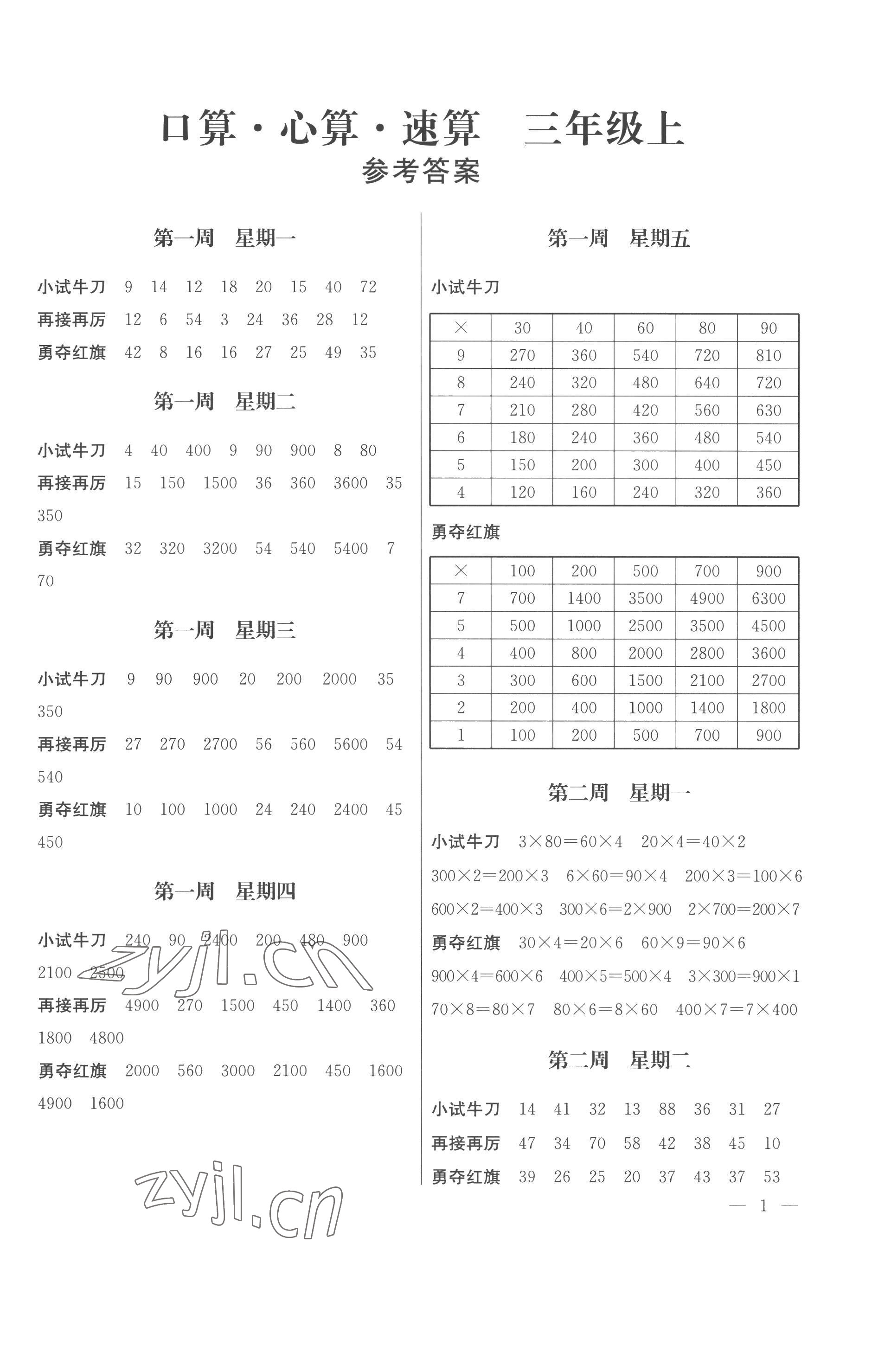 2022年口算心算速算三年級上冊蘇教版江蘇鳳凰美術出版社 第1頁