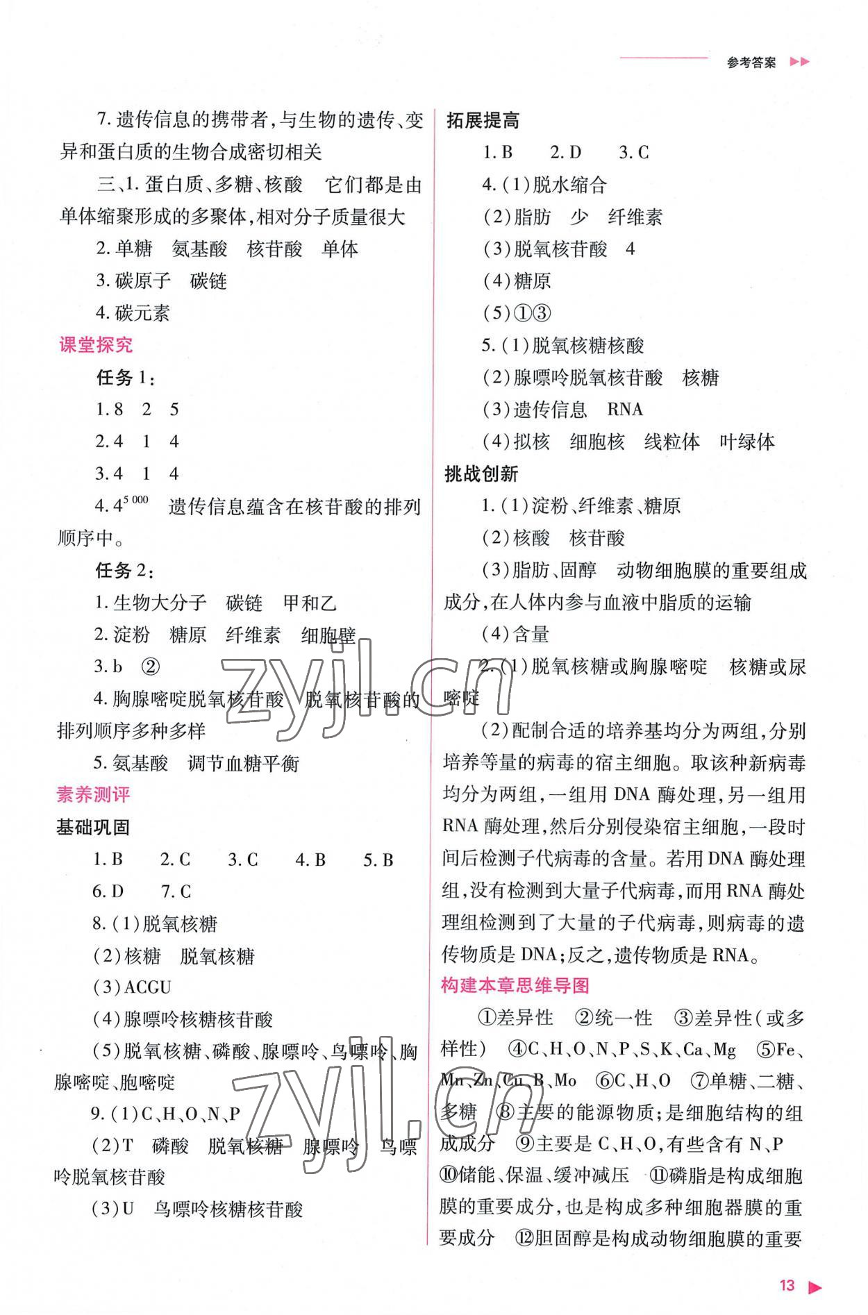 2022年普通高中新課程同步練習冊高中生物必修1人教版 參考答案第13頁