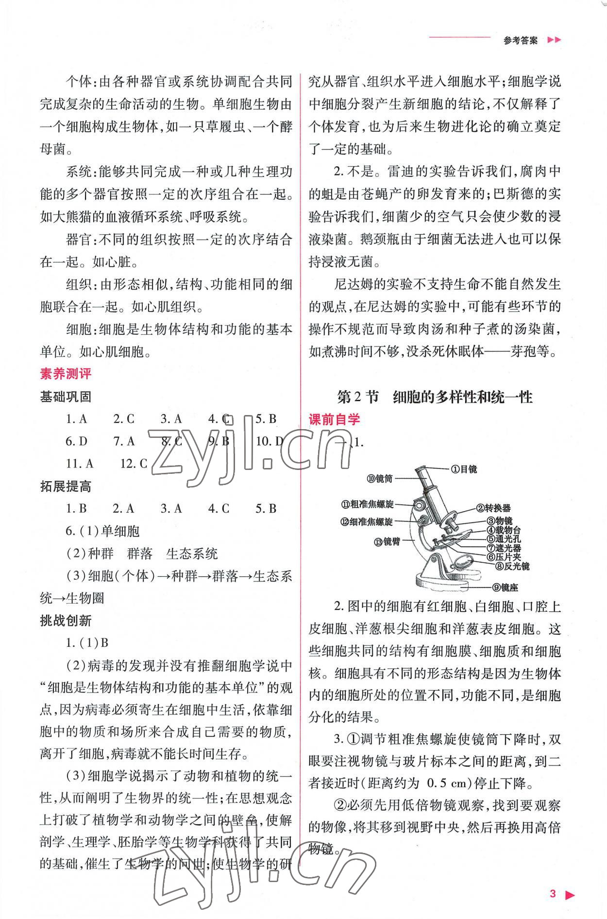 2022年普通高中新课程同步练习册高中生物必修1人教版 参考答案第3页