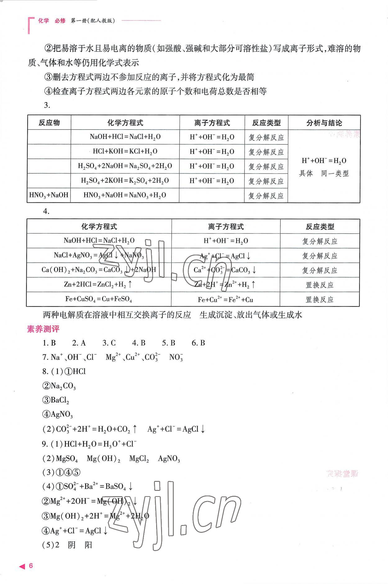 2022年普通高中新課程同步練習(xí)冊(cè)高中化學(xué)必修第一冊(cè)人教版 參考答案第6頁