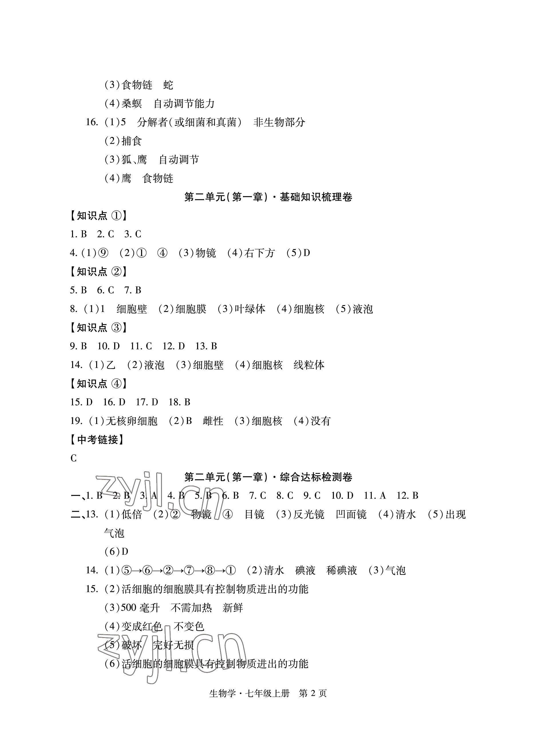 2022年初中同步练习册自主测试卷七年级生物上册人教版 参考答案第2页