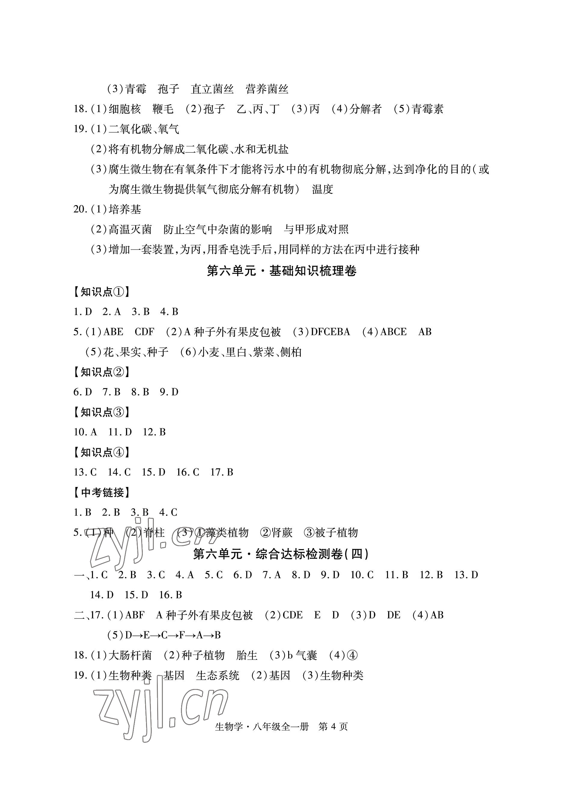 2022年初中同步練習(xí)冊(cè)自主測(cè)試卷八年級(jí)生物全一冊(cè)人教版 參考答案第4頁(yè)