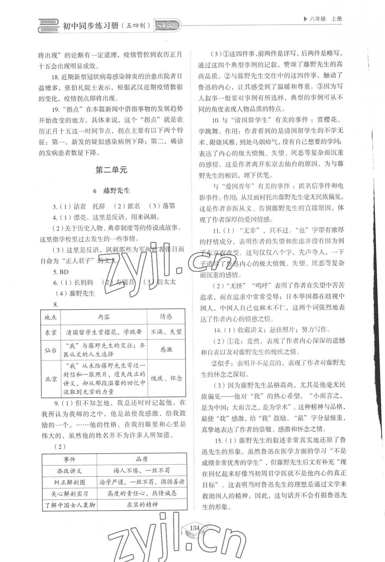 2022年同步练习册山东教育出版社八年级语文上册人教版五四制 参考答案第4页