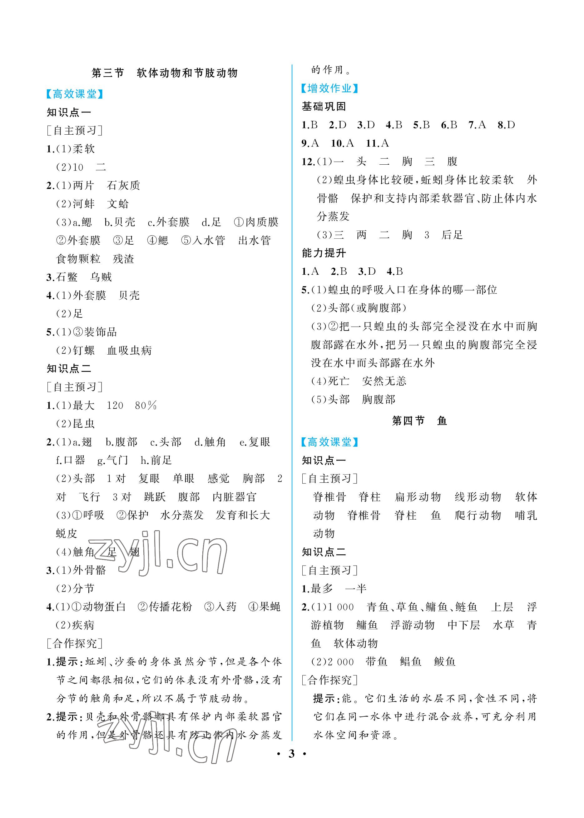 2022年人教金学典同步解析与测评八年级生物上册人教版重庆专版 参考答案第3页