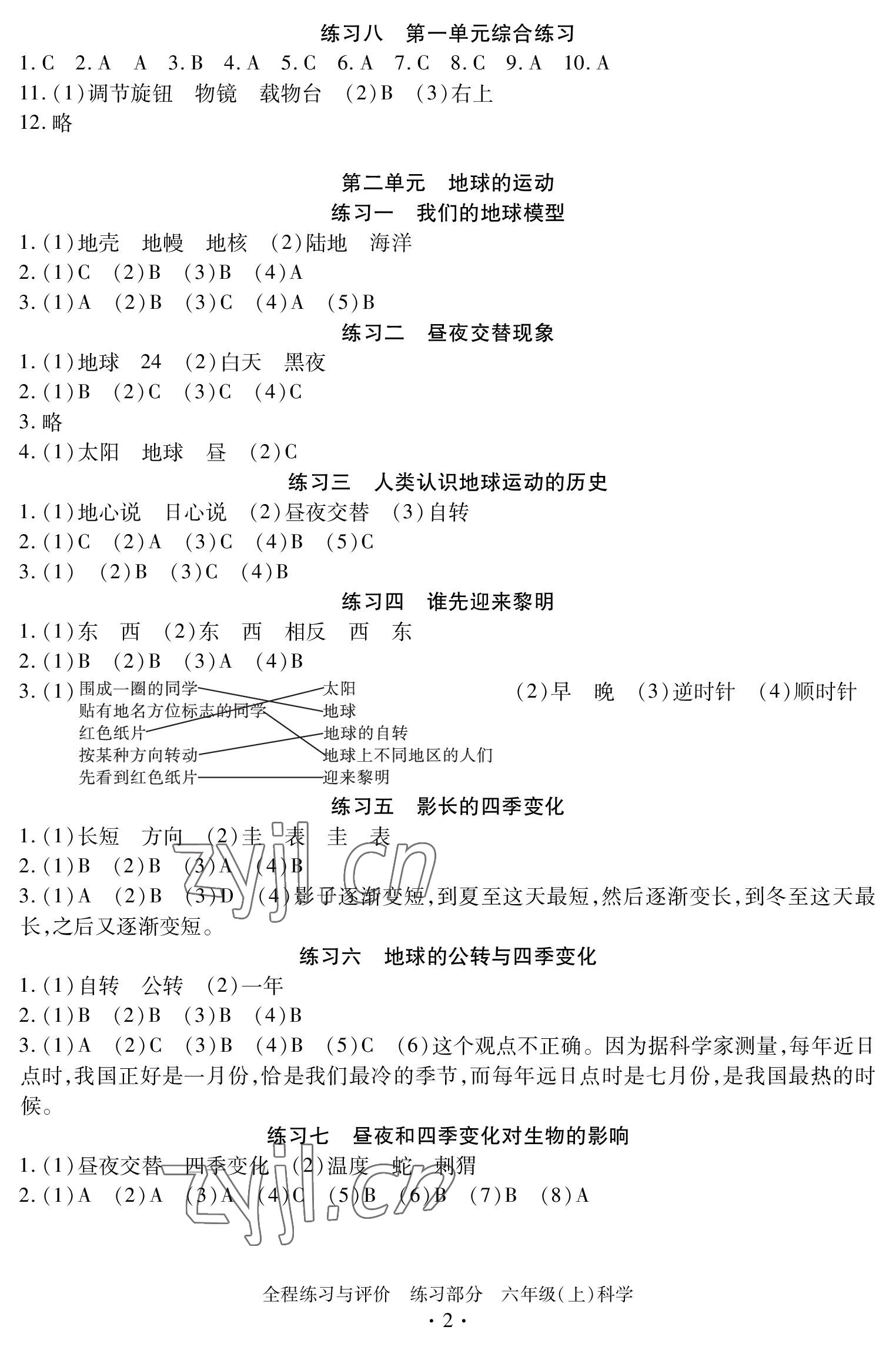 2022年全程練習(xí)與評(píng)價(jià)六年級(jí)科學(xué)上冊(cè)教科版 參考答案第2頁